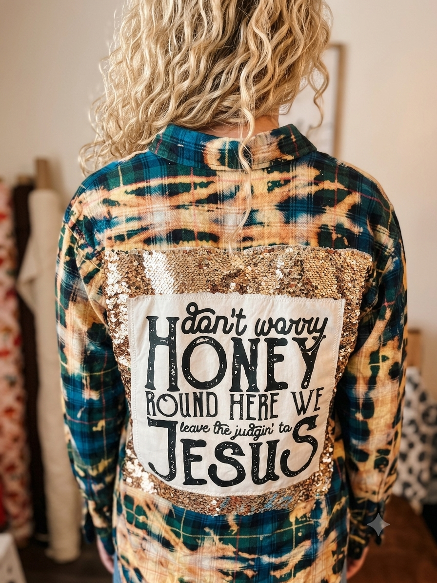 Honey Jesus Flashy Flannel with Sequin Panel Small to XL 4-16