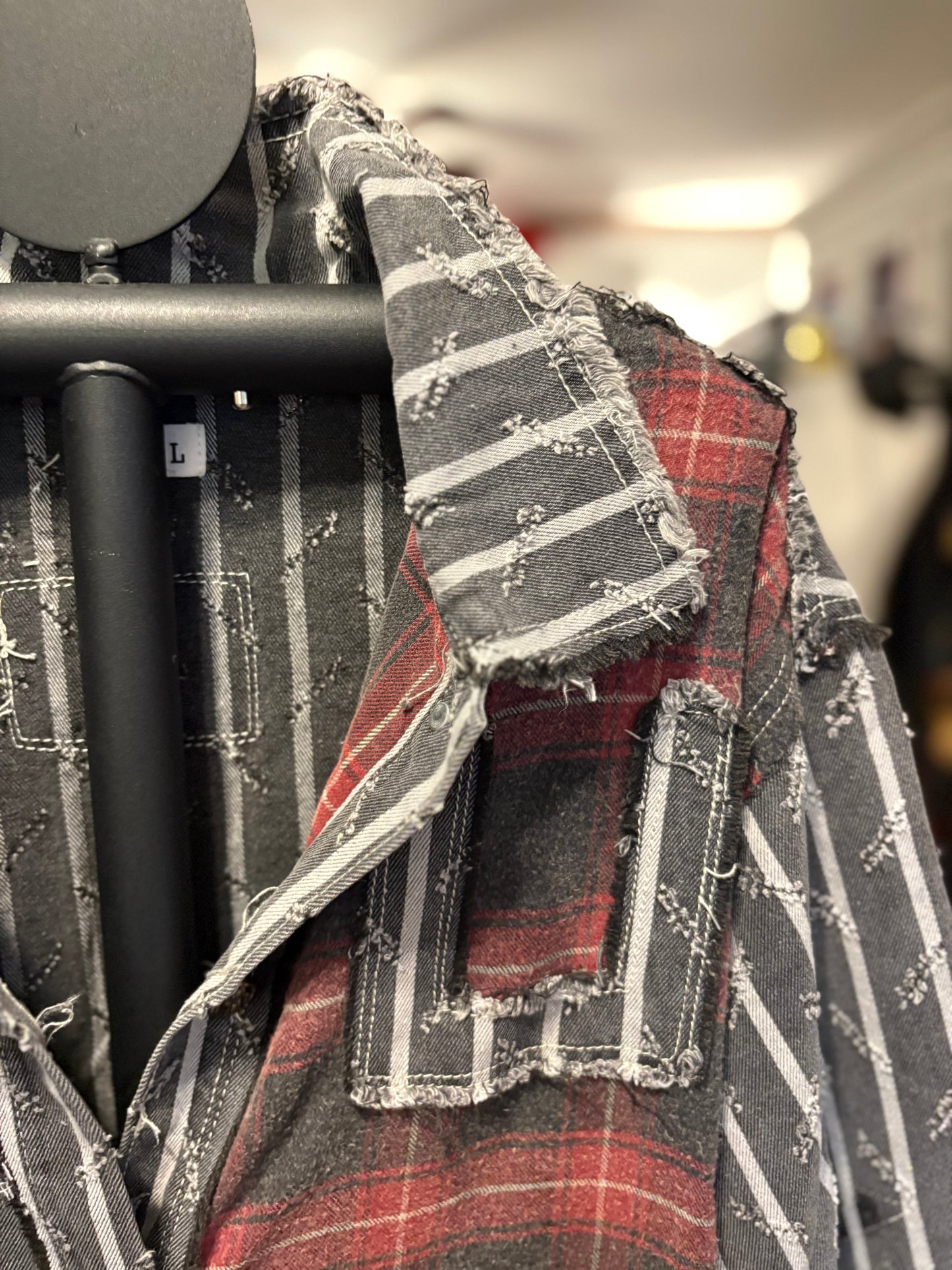 Star patches color block long button down jacket: BLACK STRIPE Medium