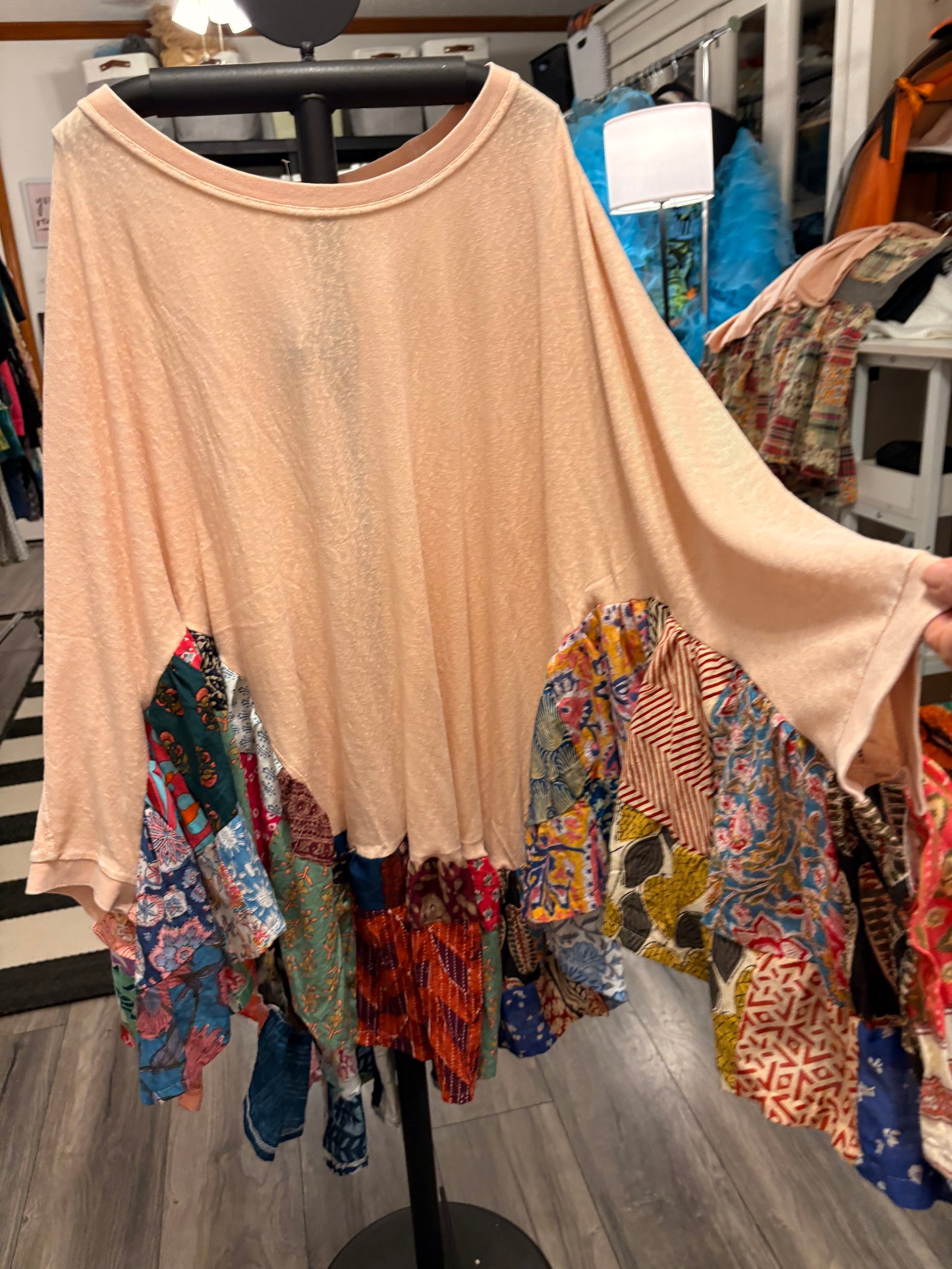 Peaches Upcycled Patchwork Circle Poncho One Size Fits Most Fits a Large to 3X