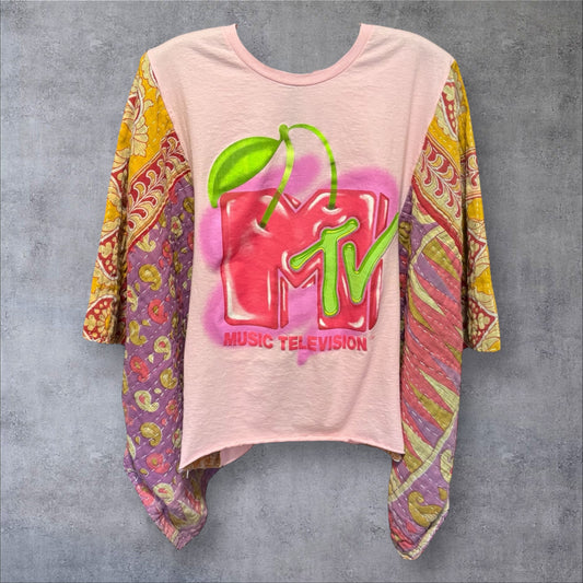 MTV Cherry Upcycled Vintage Kantha Poncho Tee Fits A Small to XXL Comfortably