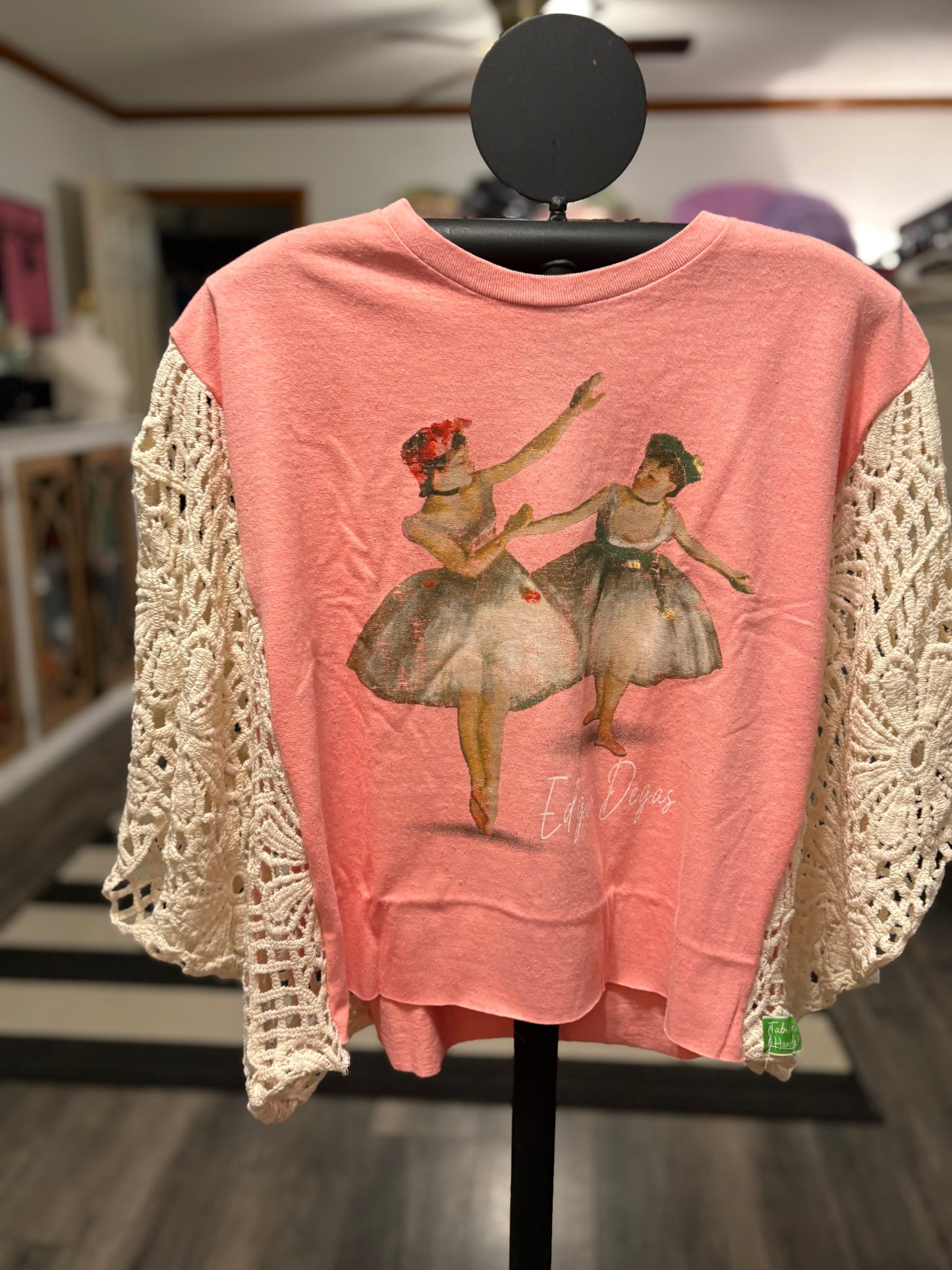 Degas Upcycled Drop Sleeve Crochet Tee One Size Fits a Small to Large SHORT Length