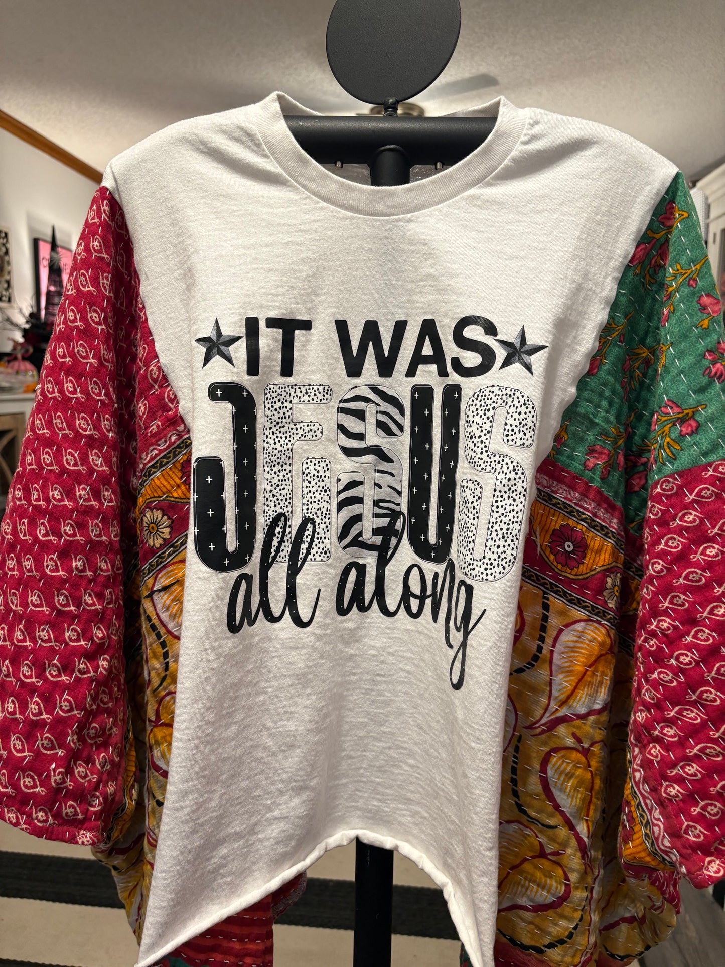 Jesus Upcycled Vintage Kantha Quilt Poncho Tee One Size Fits a Small to XL