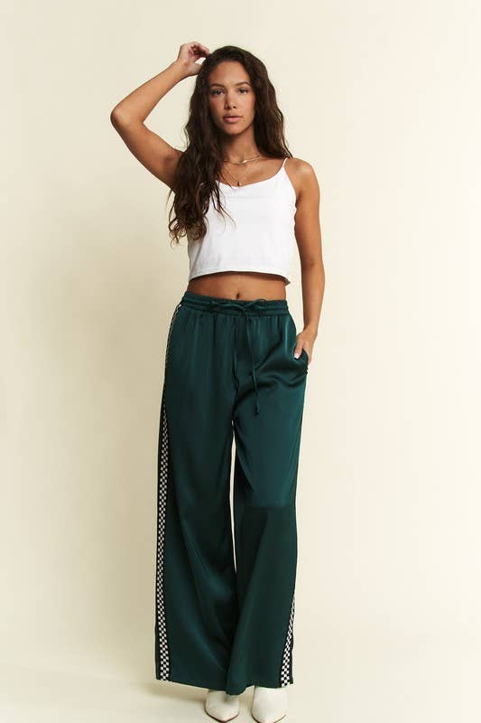 PLUS SIZE SOLID SATIN SWEATPANTS WITH SIDE CHECKERBOARD TAPE: Black
