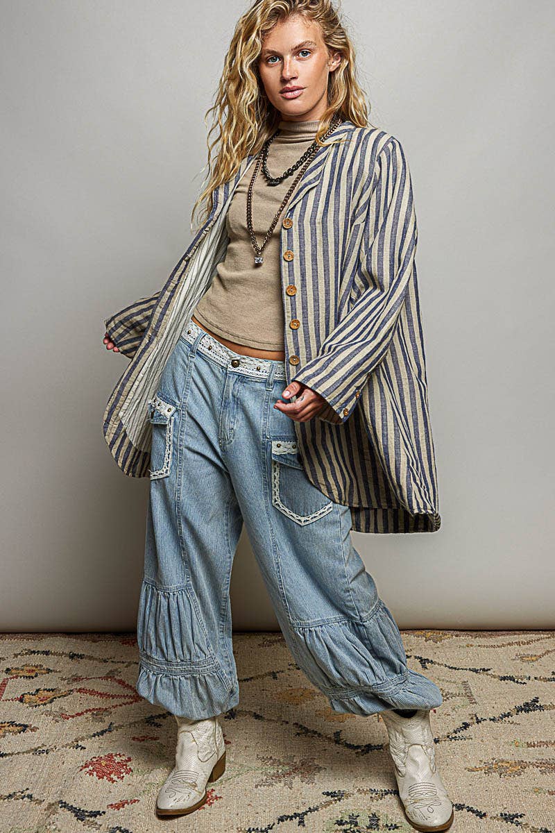 Stripe Pattern Asymmetrical Hem Lapel Style Woven Jacket: BLUE MULTI