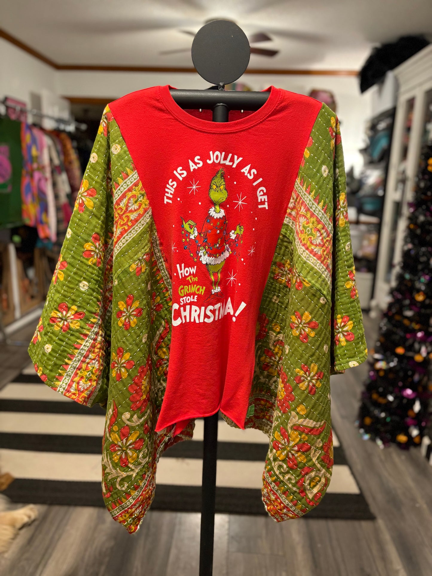 Jolly Grinch Vintage Kantha Quilt Poncho Tee One Size Fits a Small to XXL