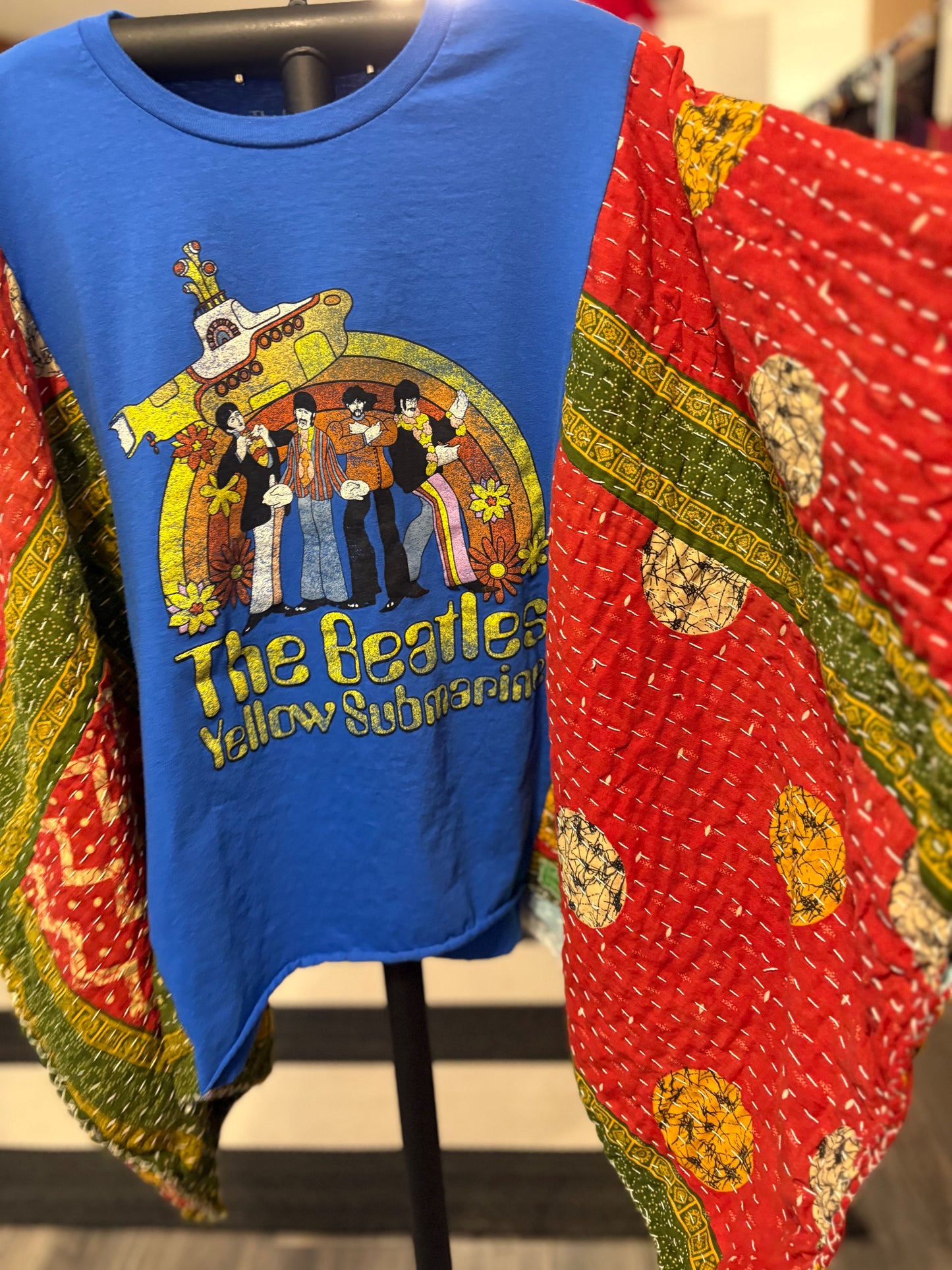 Yellow Submarine Upcycled Vintage Kantha Poncho Tee Fits A Size Small to 3X