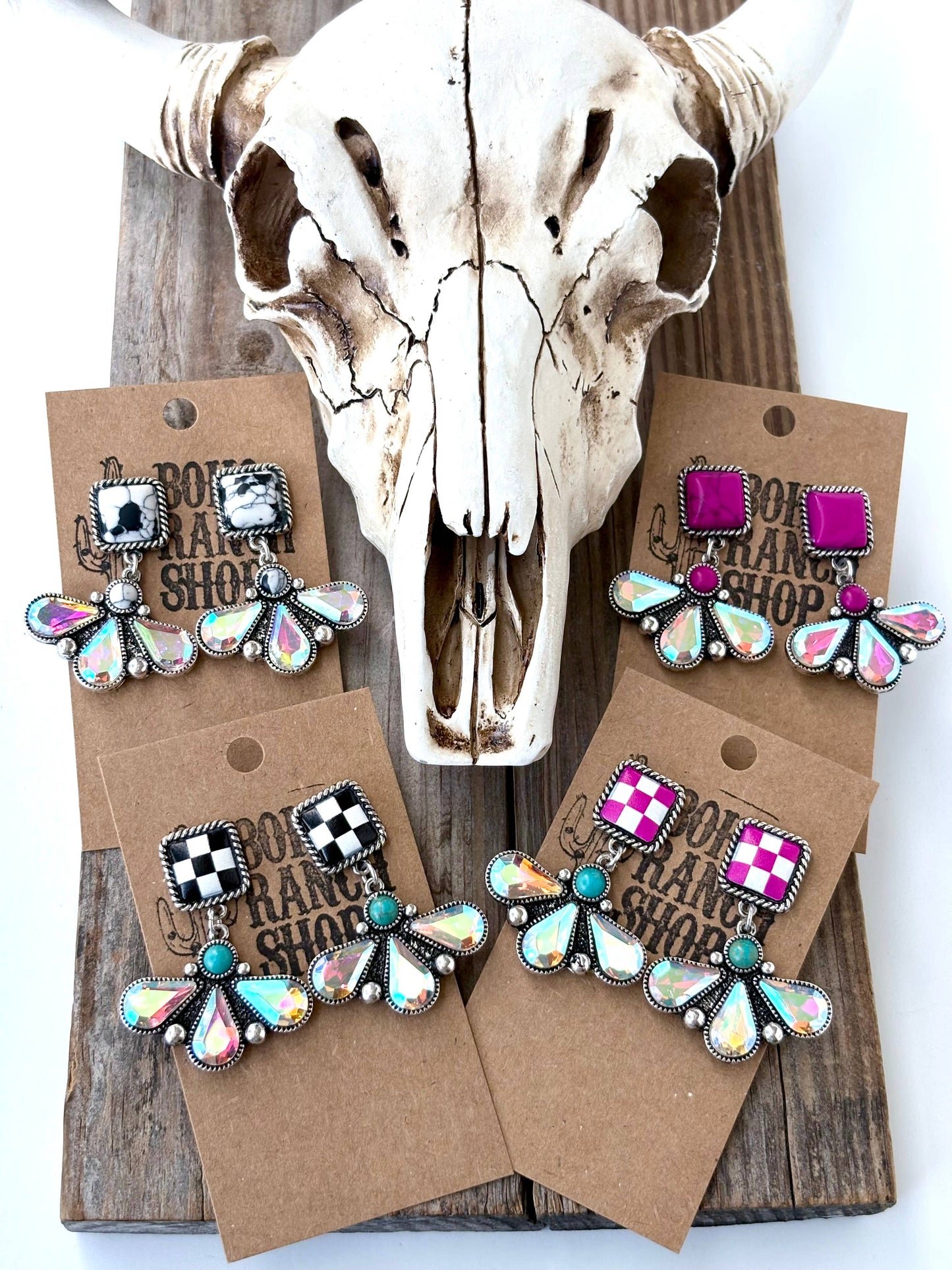 Western Square Squash Blossom Post Drop Earrings Checker: Pink Checkerboard