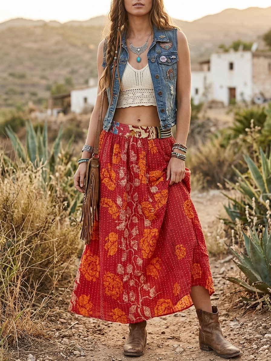Sally Women Vintage Kantha Quilt Cotton Reversible Skirt One Size Fits Size 4-16