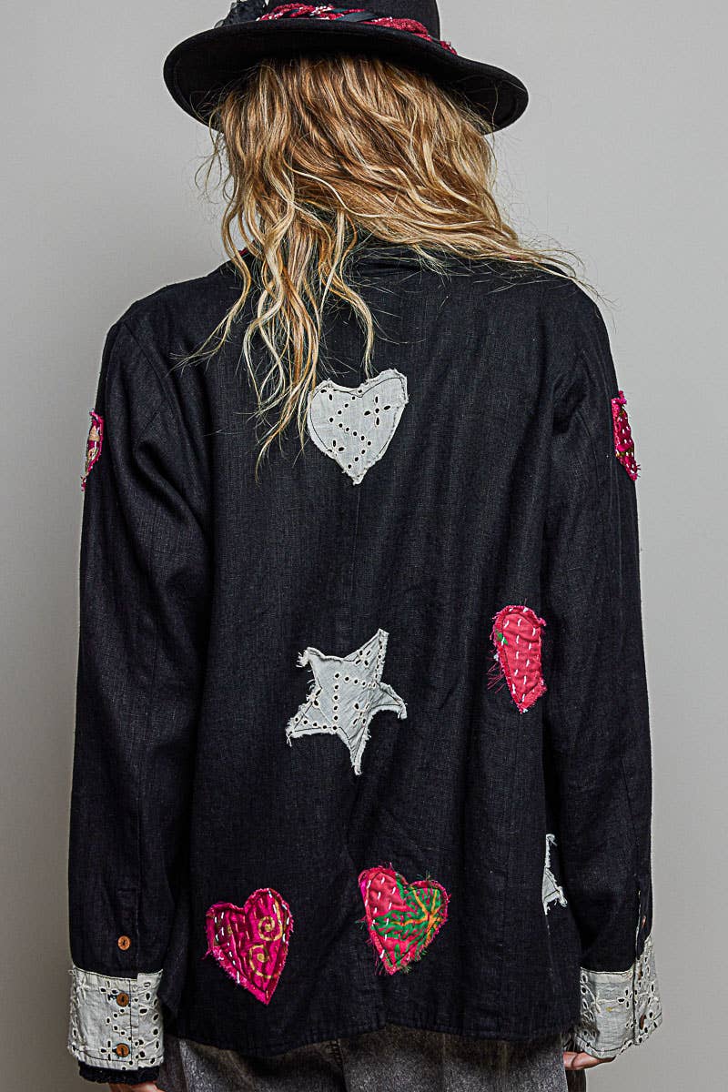 Notched Collar Star & Heart Applique Relaxed Blazer Jacket: Black
