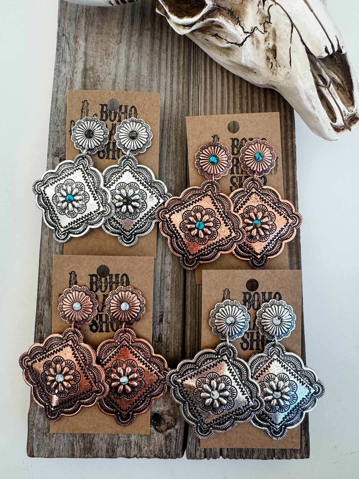 Western Textured Dangle Concho Earrings: SILVER - TURQUOISE