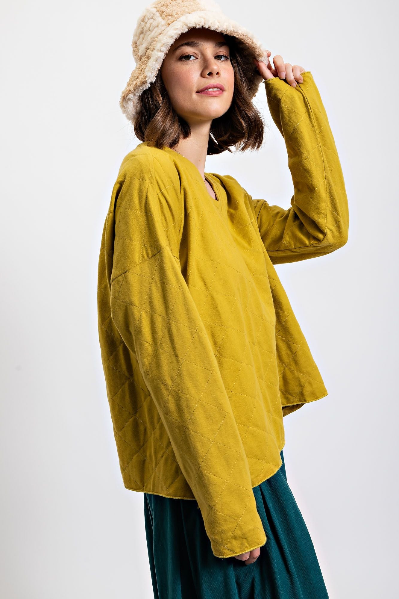 Quilted Olive Terry Pullover