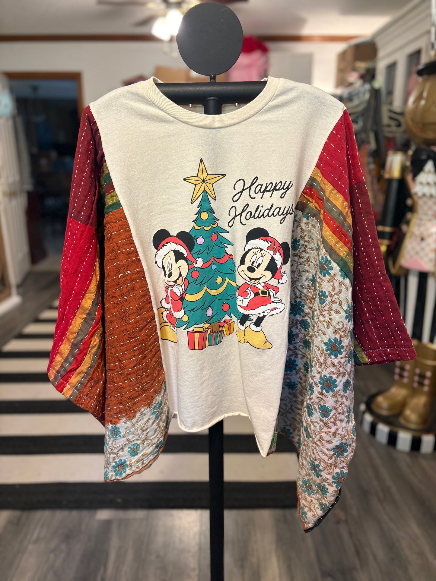 Mickey Christmas Upcycled Vintage Kantha Poncho Tee Fits A Size Small to XXL