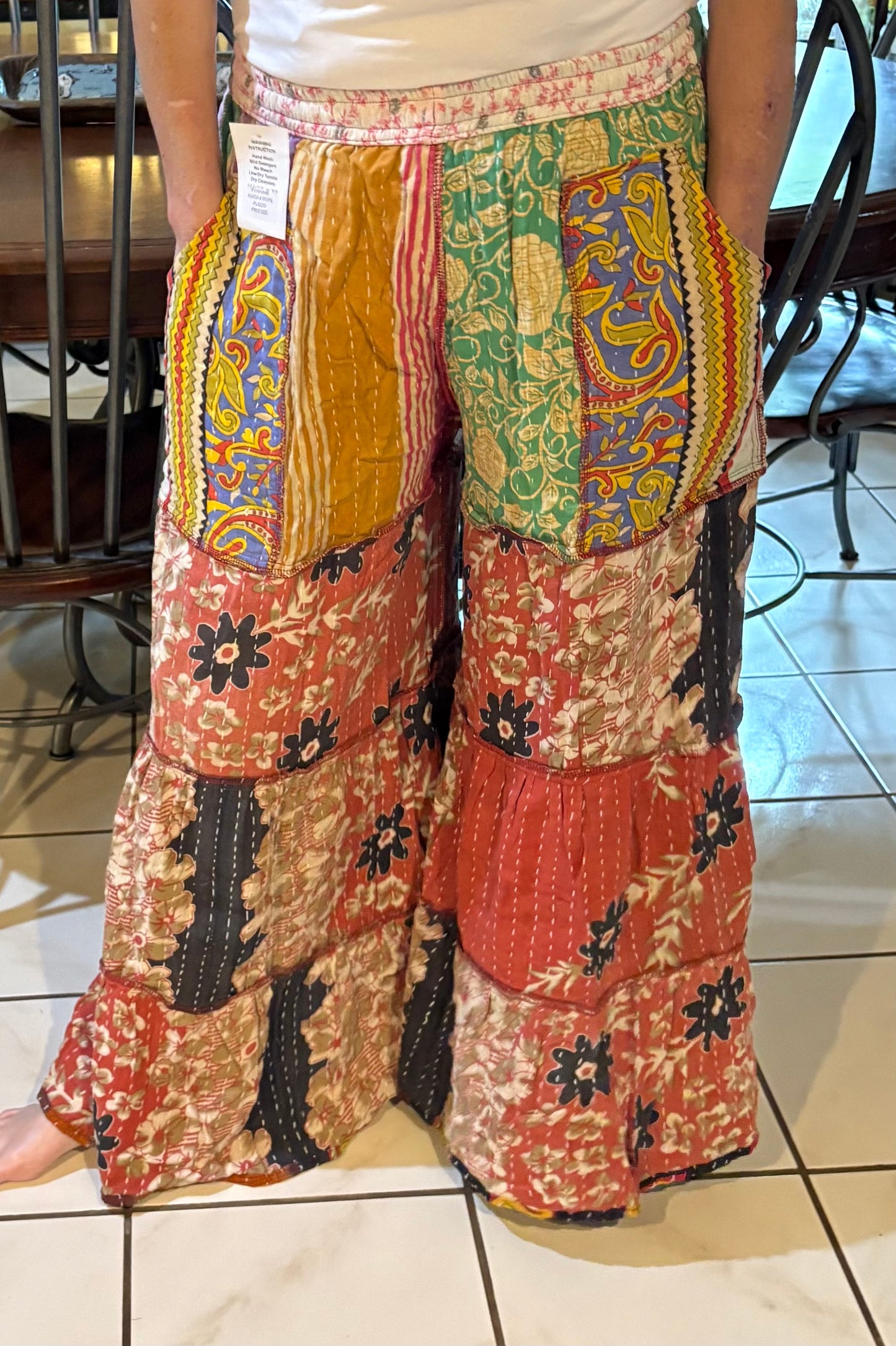 Kantha Flowy Tiered Reversible Palazzo Pant with Pockets: One Size Fits Size 6-16