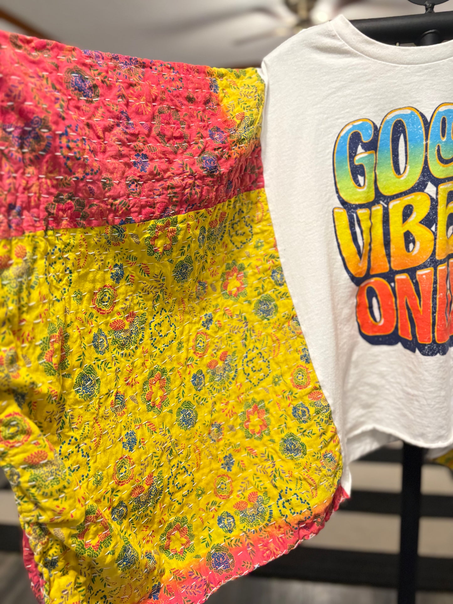 Good Vibes Upcycled Vintage Kantha Poncho Tee Fits A Size Small to XXL