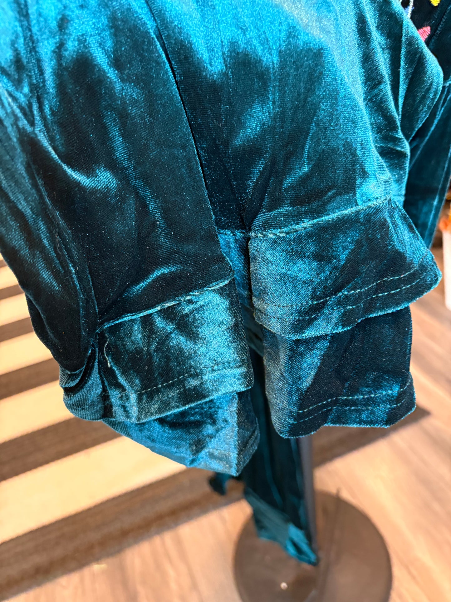 Teal Embroidered Velvet Ruffled Bottom Pants