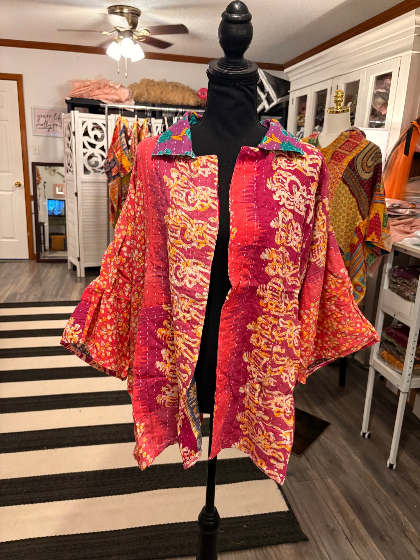 Jessica Vintage Printed Cotton Kantha Jacket One Size Fits Small to 2X