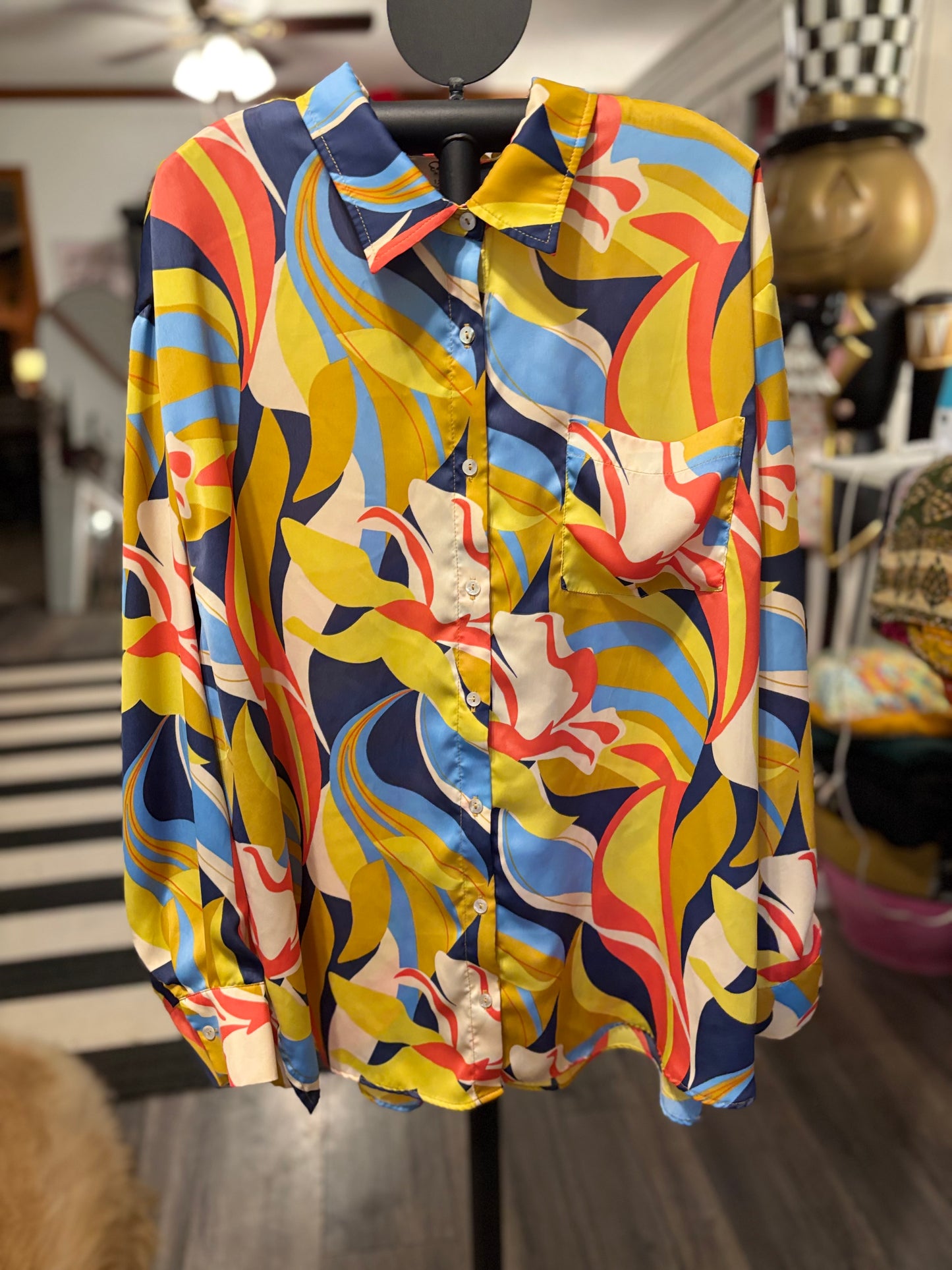 Easel Mirabelle Blue Mustard Satin Blouse Plus Size