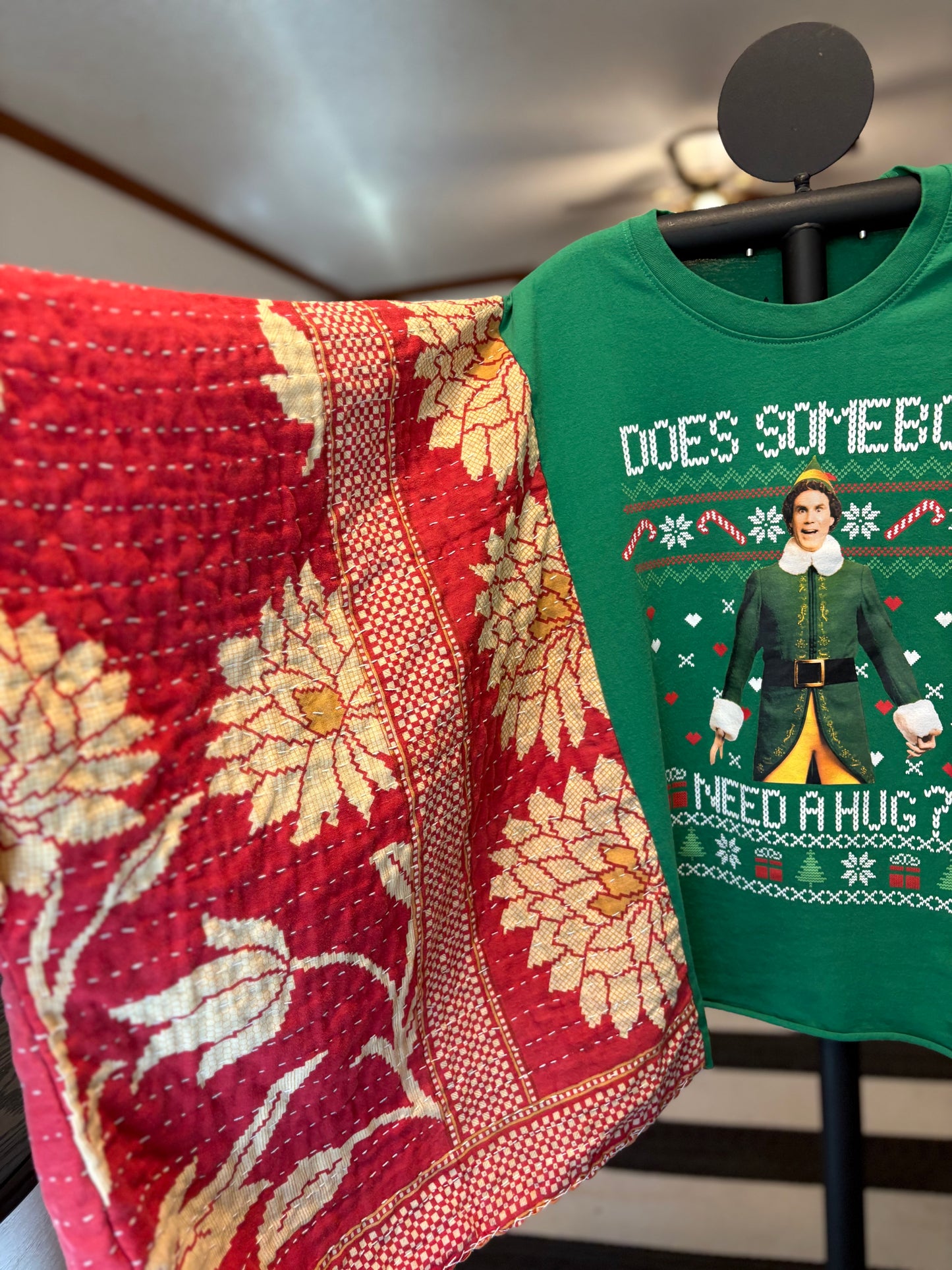 Does Somebody Need A Hug Upcycled Vintage Kantha Poncho Tee Fits A Size Small to XXL