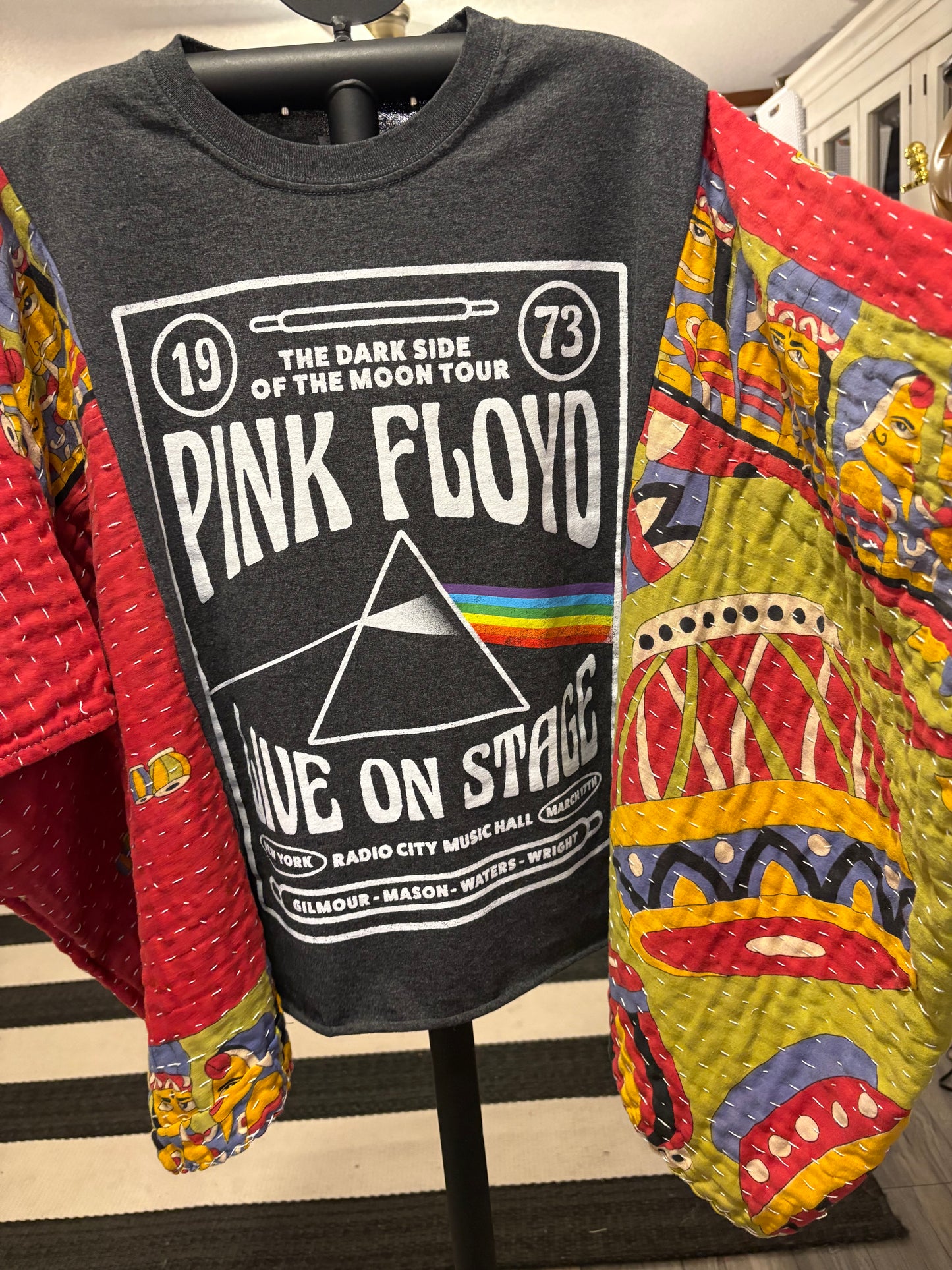 Pink Floyd Upcycled Vintage Kantha Quilt Poncho Tee One Size Fits a Large to 3X