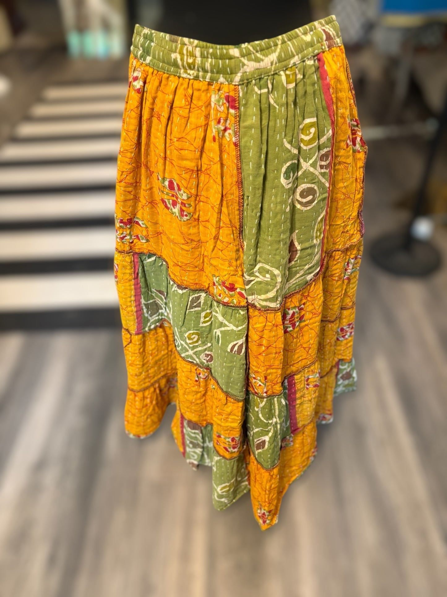 Rayleigh Kantha Flowy Tiered Reversible Palazzo Pant with Pockets: One Size Fits Size 6-16