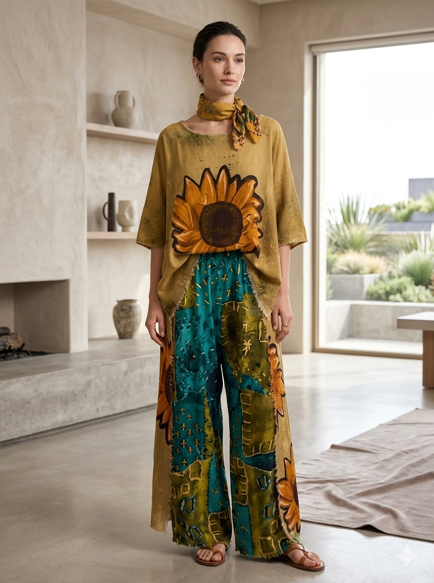 Hi-Lo in Olive with Sunflower Print One Size Fits Small to XXL