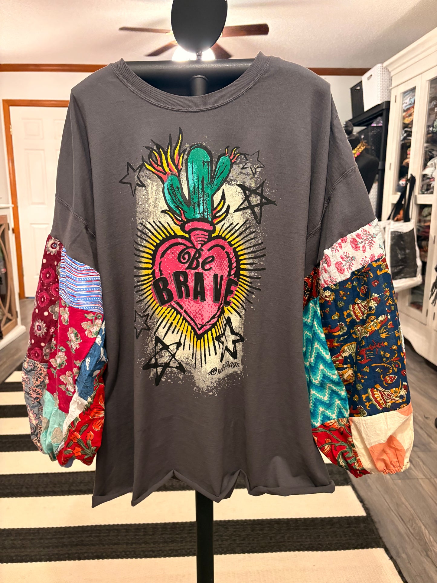 Be Brave Patchwork Puff Sleeve Tee Fits a Small to 2X