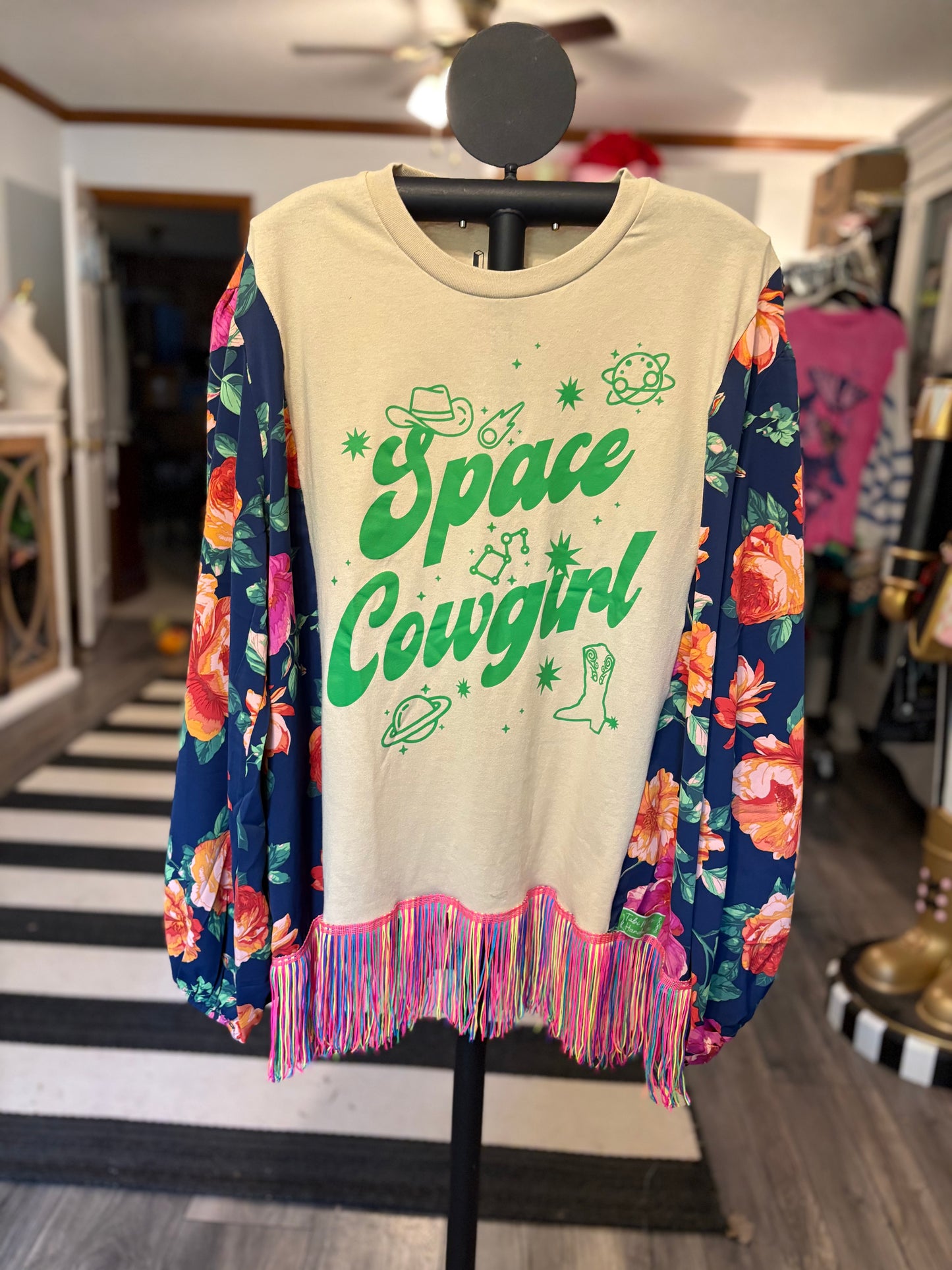 Space Cowgirl Upcycled Drop-Sleeve Tee  with Fringe One Size Fits a Small to XXL