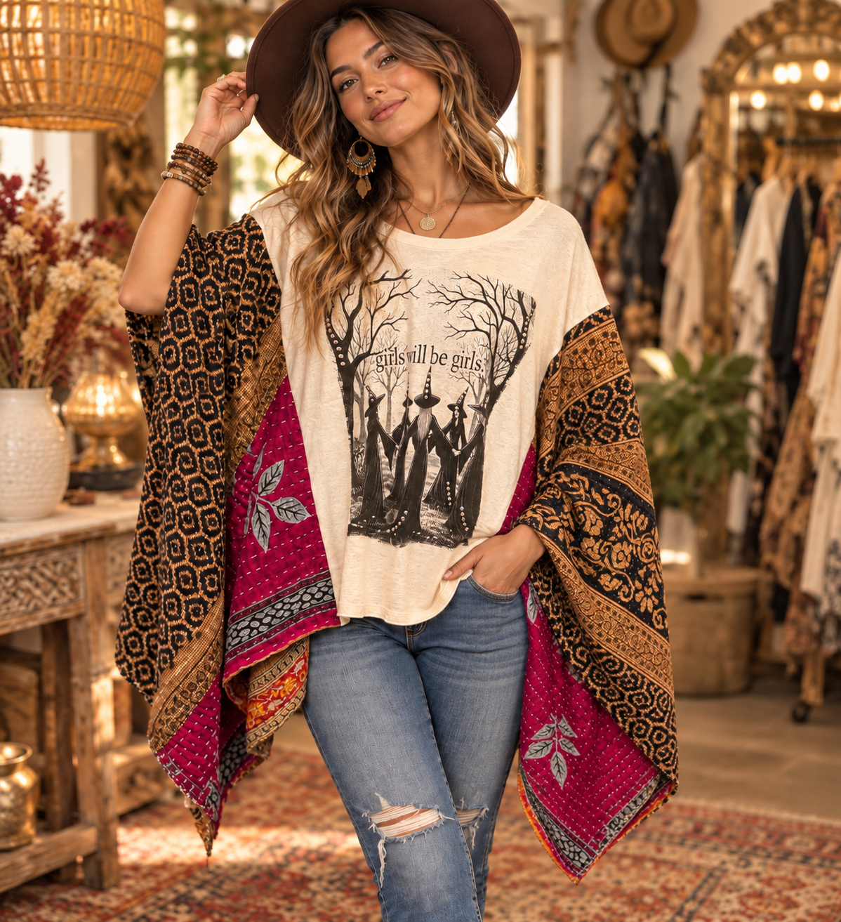 Girls Will Be Girls Vintage Kantha Poncho One Size Fits a Small to XXL
