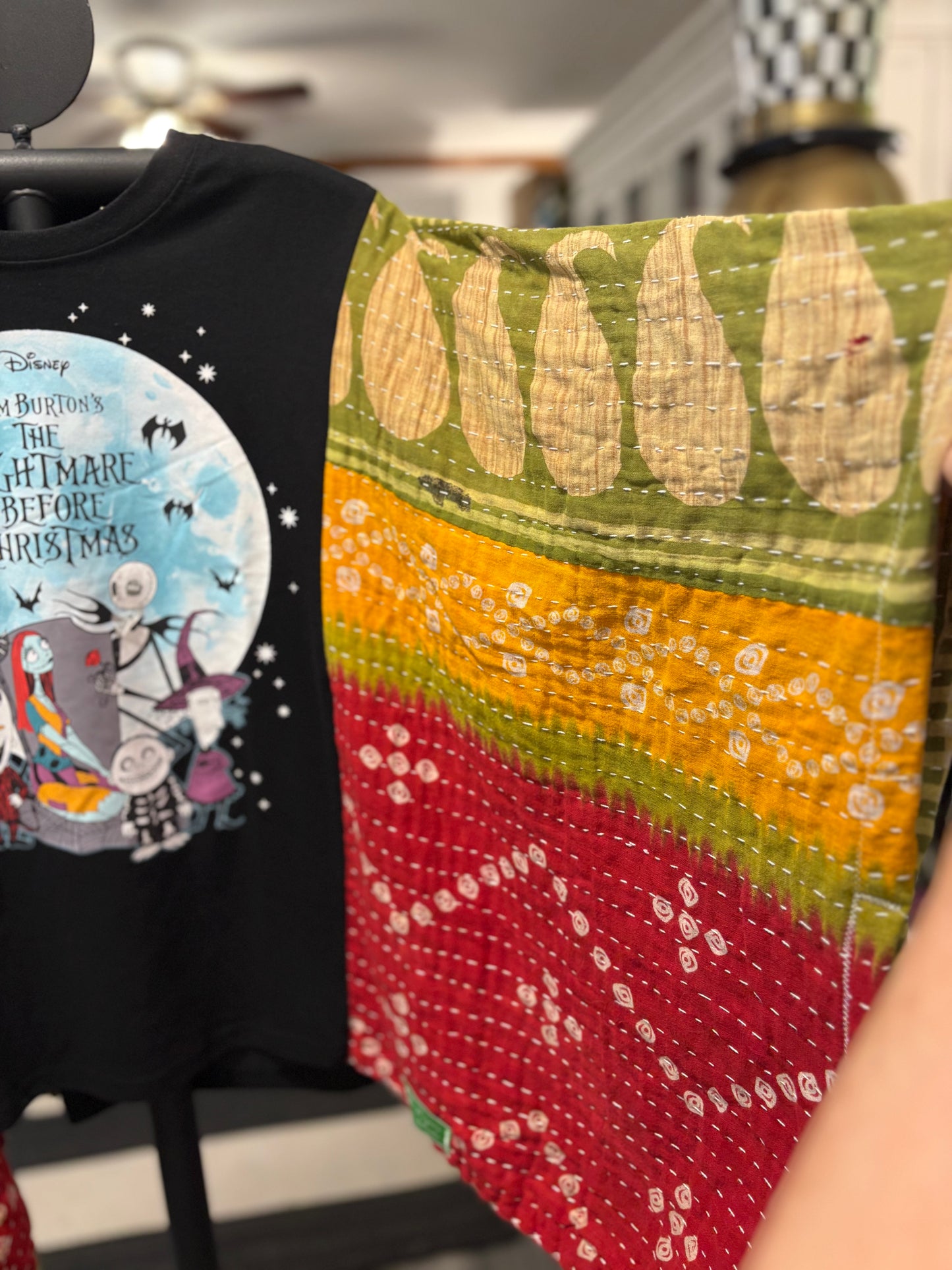 Nightmare Before Christmas Upcycled Vintage Kantha Poncho Tee Fits A Size Small to XL