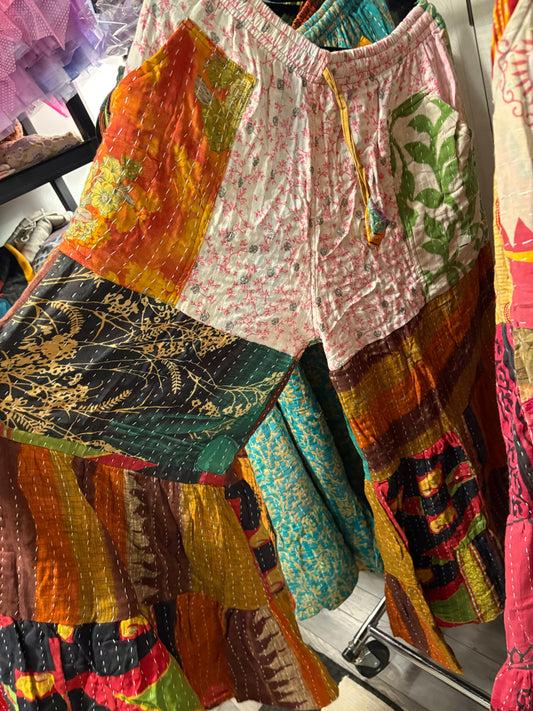 Kantha Flowy Tiered Reversible Palazzo Pant with Pockets: One Size Fits Size 6-16