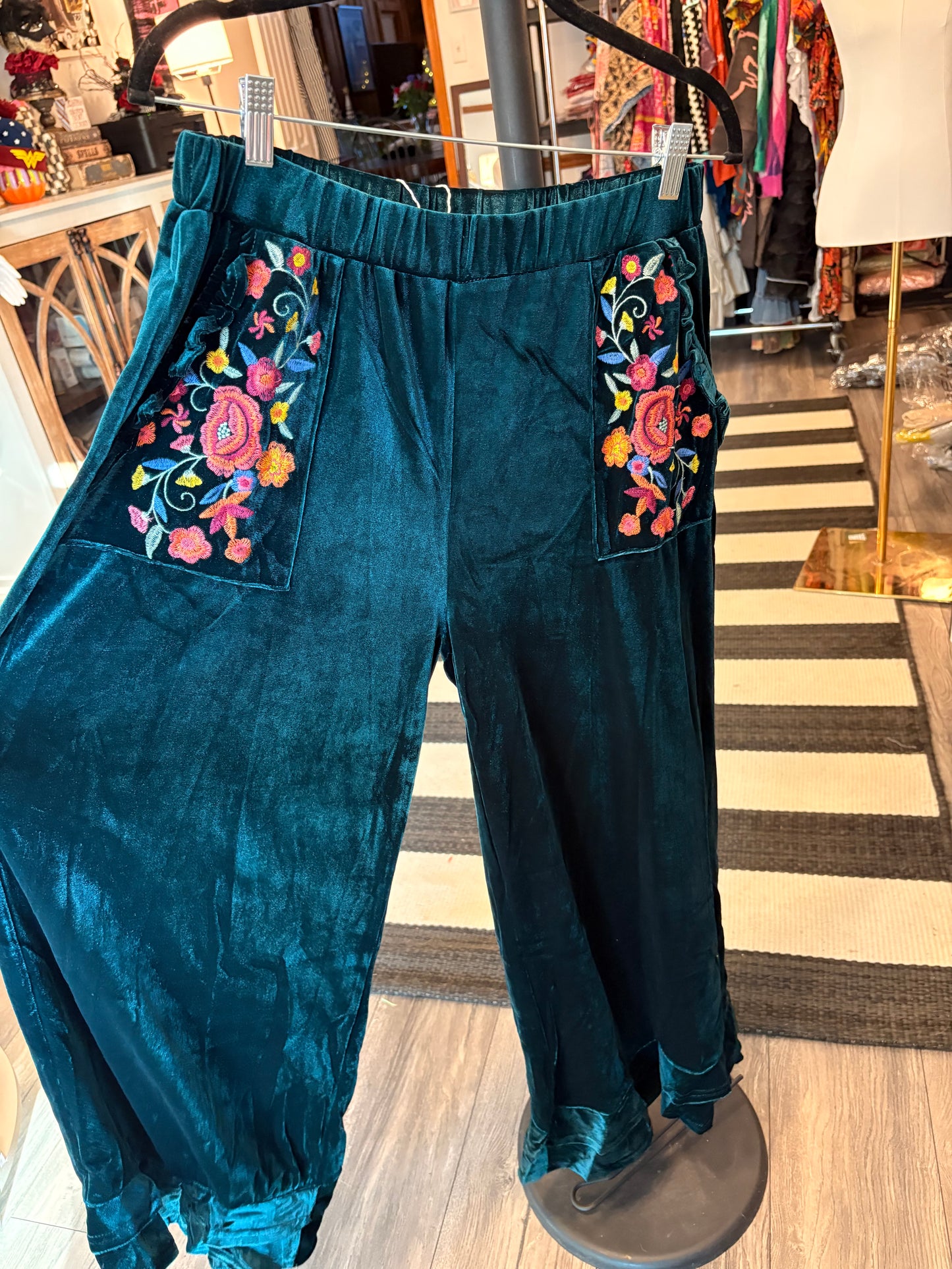 Teal Embroidered Velvet Ruffled Bottom Pants