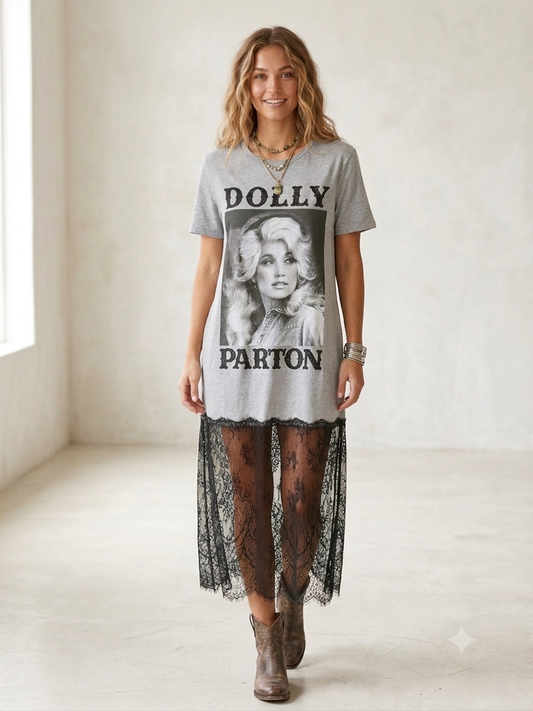 Grits and Guts Lace and Fringe Bottom Tee Dress OVERSIZED Fits a Small and Large