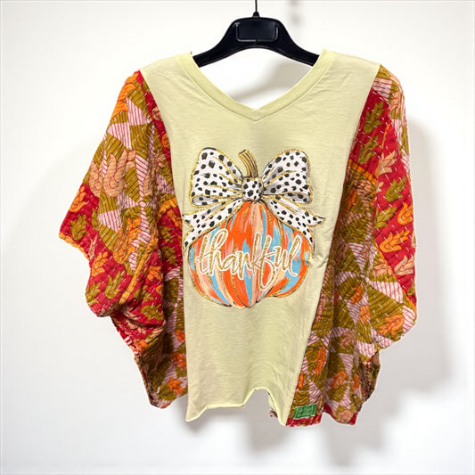 Pretty Pumpkin Upcycled Vintage Kantha Poncho Tee Fits A Size Small to XL