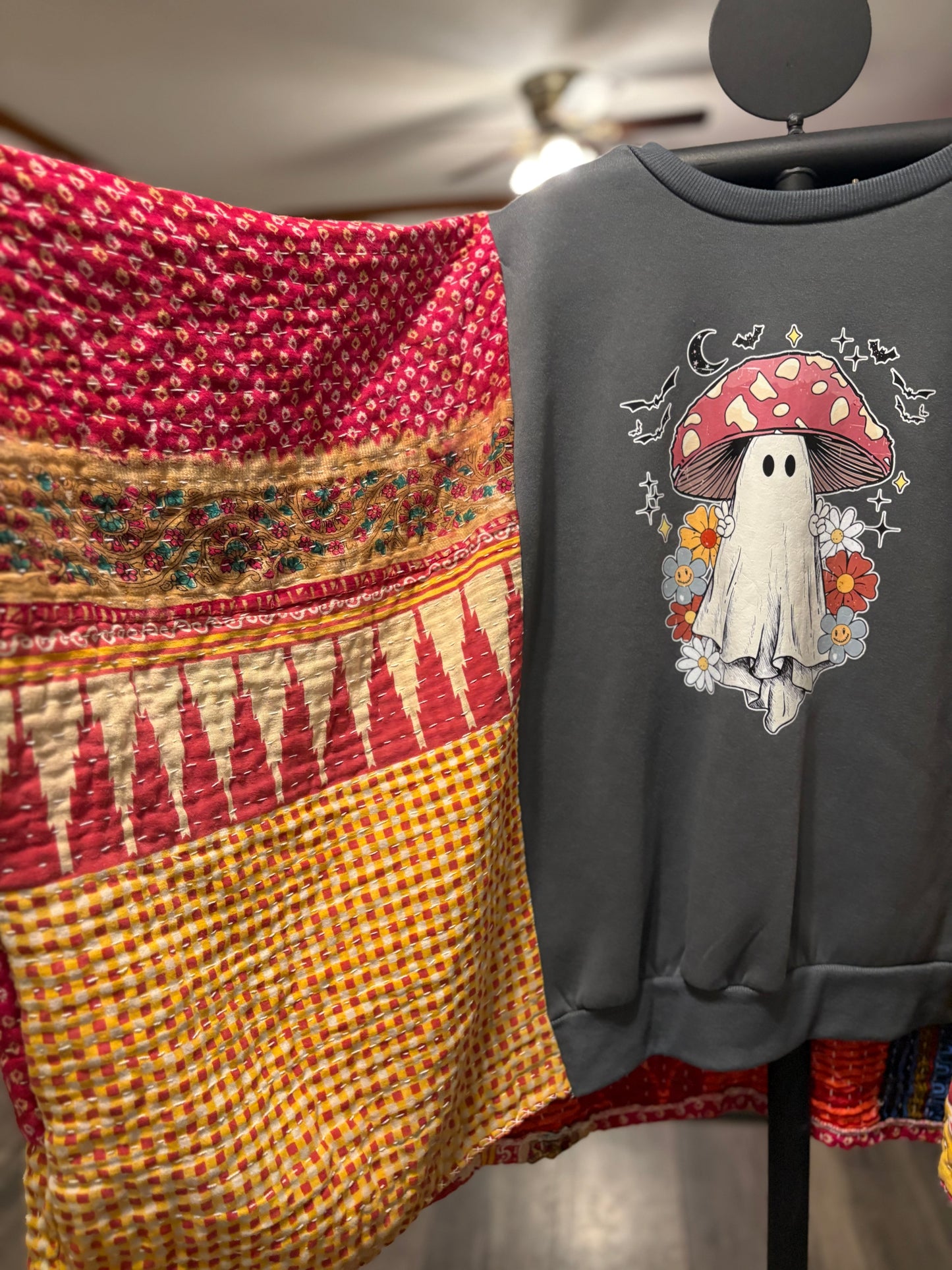 Mushroom Ghost Vintage Kantha Poncho Sweatshirt Fits A Size Small to XXL