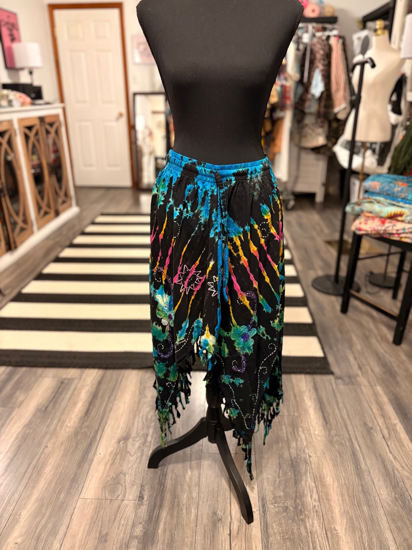 Blue Fairy Cotton Hippie Handmade Floral Embroidered Stone Washed Fringe Skirt: Tie Dye One Size Fits Small to XL