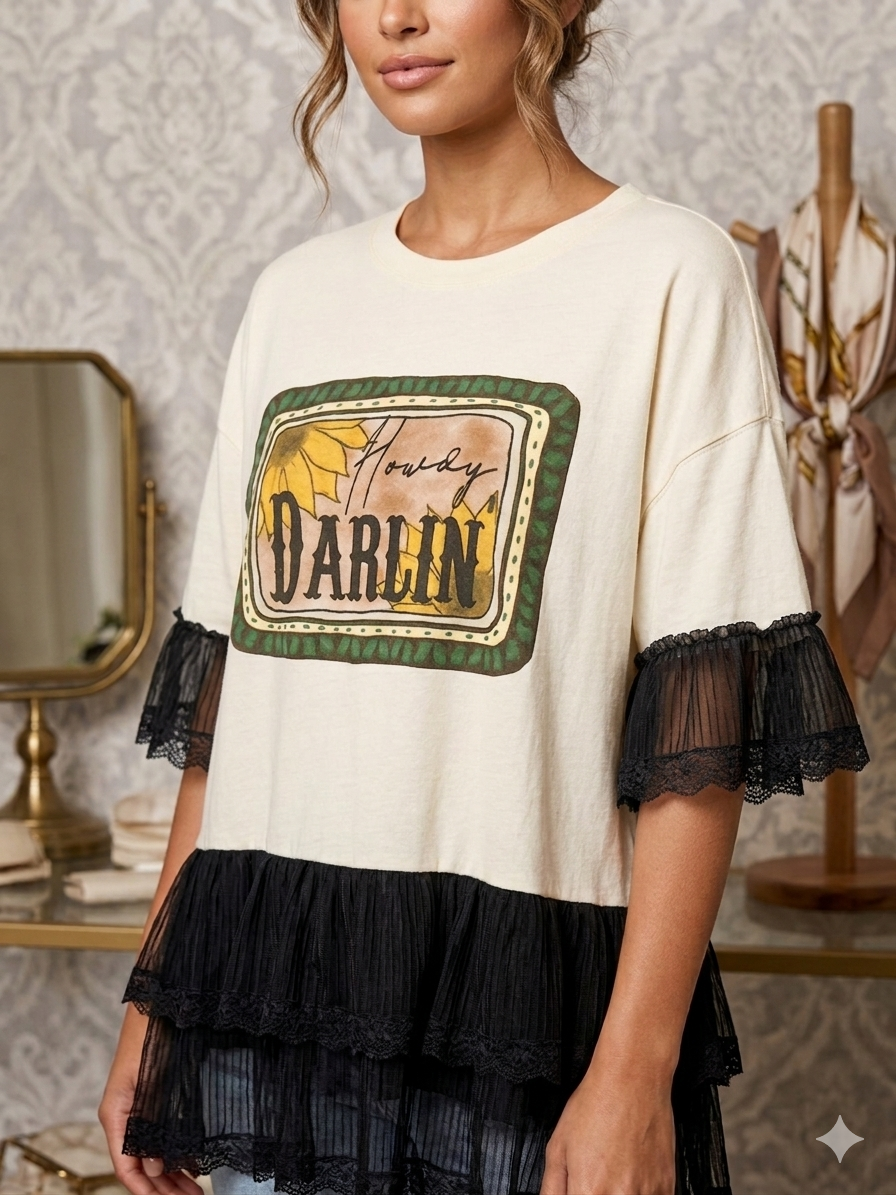 Howdy Darlin Upcycled Ruffled Boxy Top One Size Fits a Small to 3X