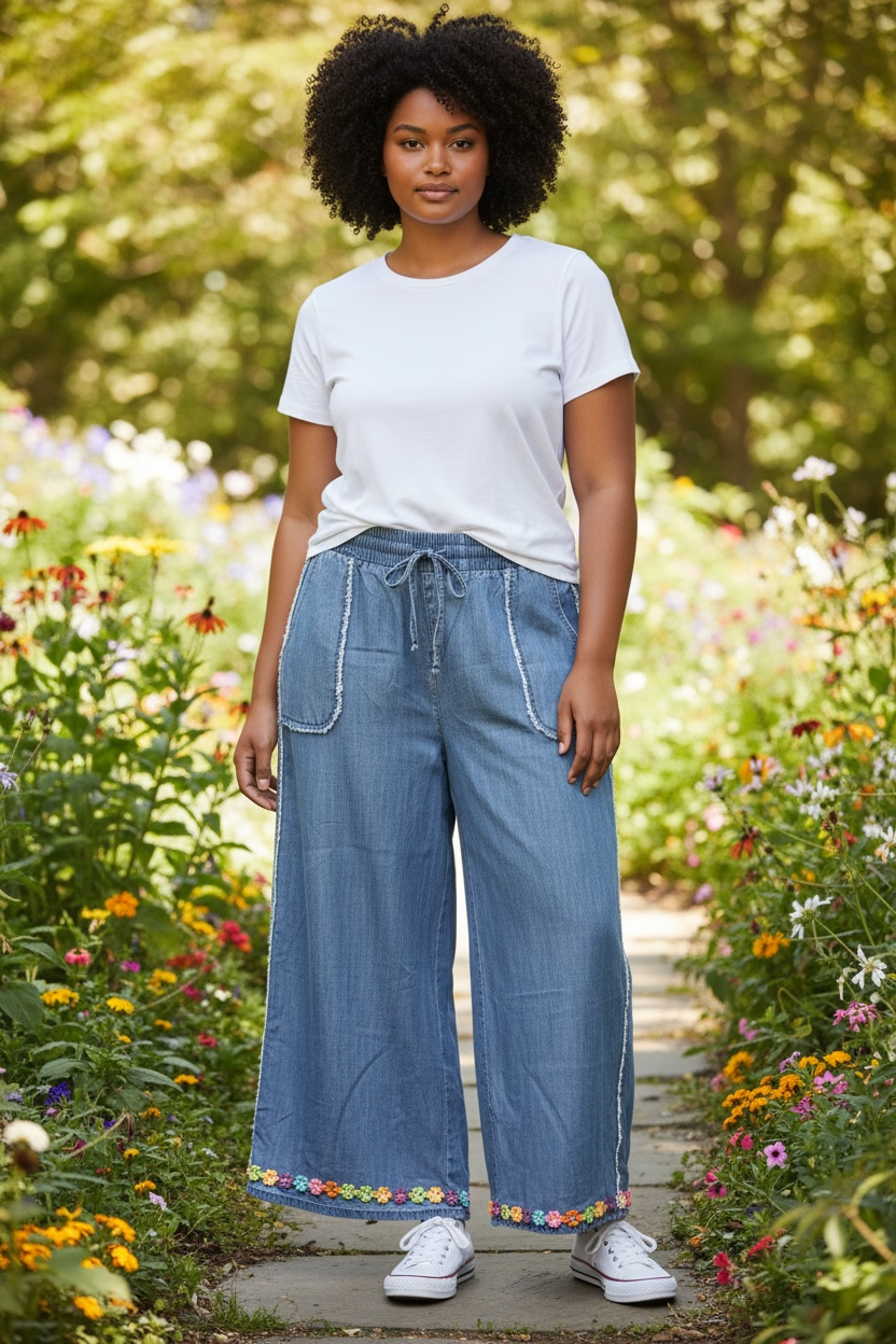 Flower Power Upcycled Wide Leg Denim Pants Size 2X (16/18)