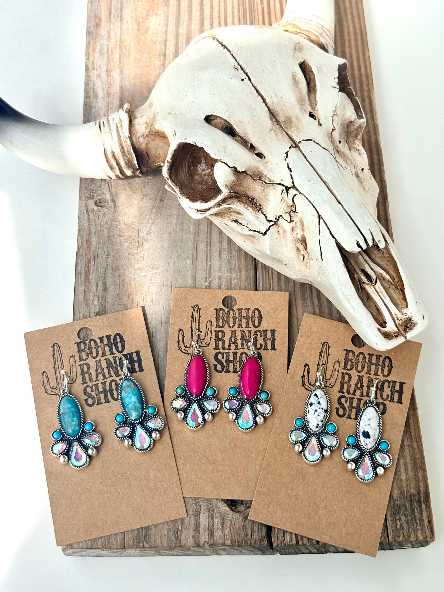 Western Style Turquoise Stone Rhinestone Dangle Earrings: White