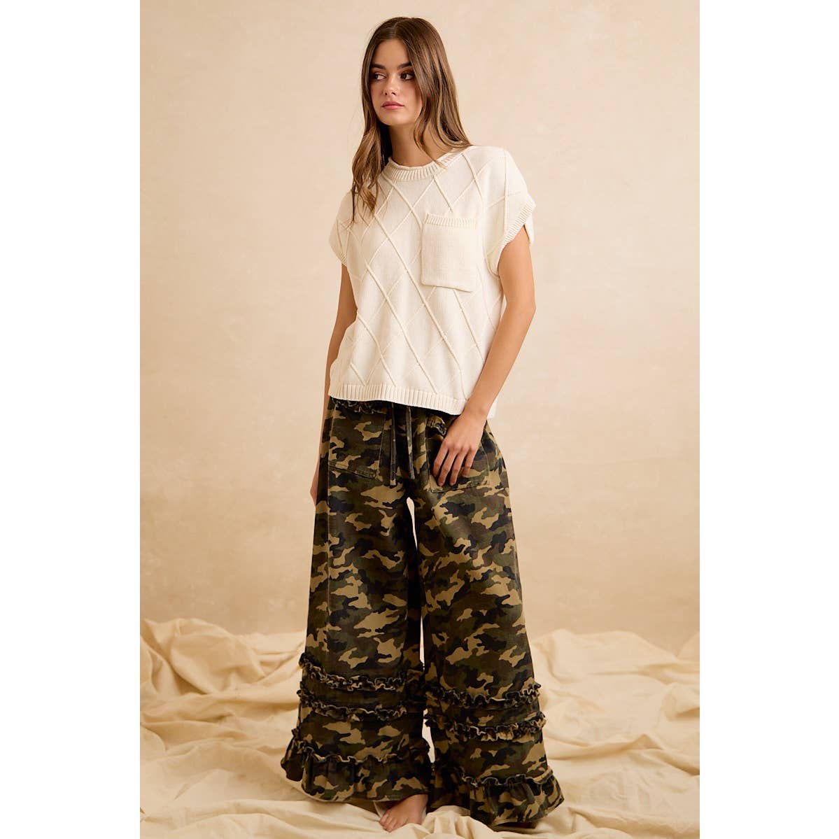 CAMOUFLAGE PRINTED TWILL RUFFLED DETAIL WIDE PANTS: CAMOUFLAGE / XL 14-18