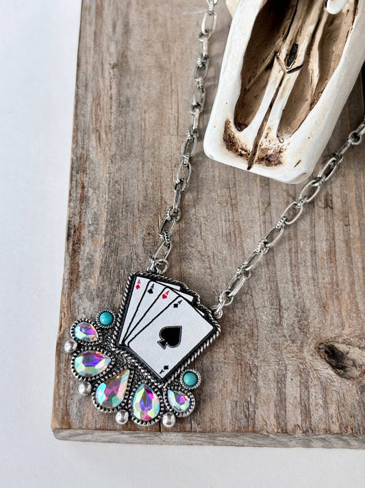 Western Style Magic 8 Heart Pendant Rhinestone Necklace: Ace