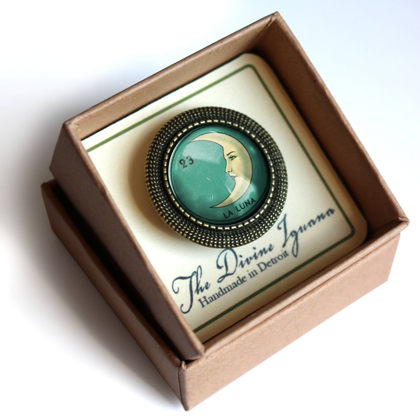 Loteria La Luna Crescent Moon Glass Cabochon Brooch