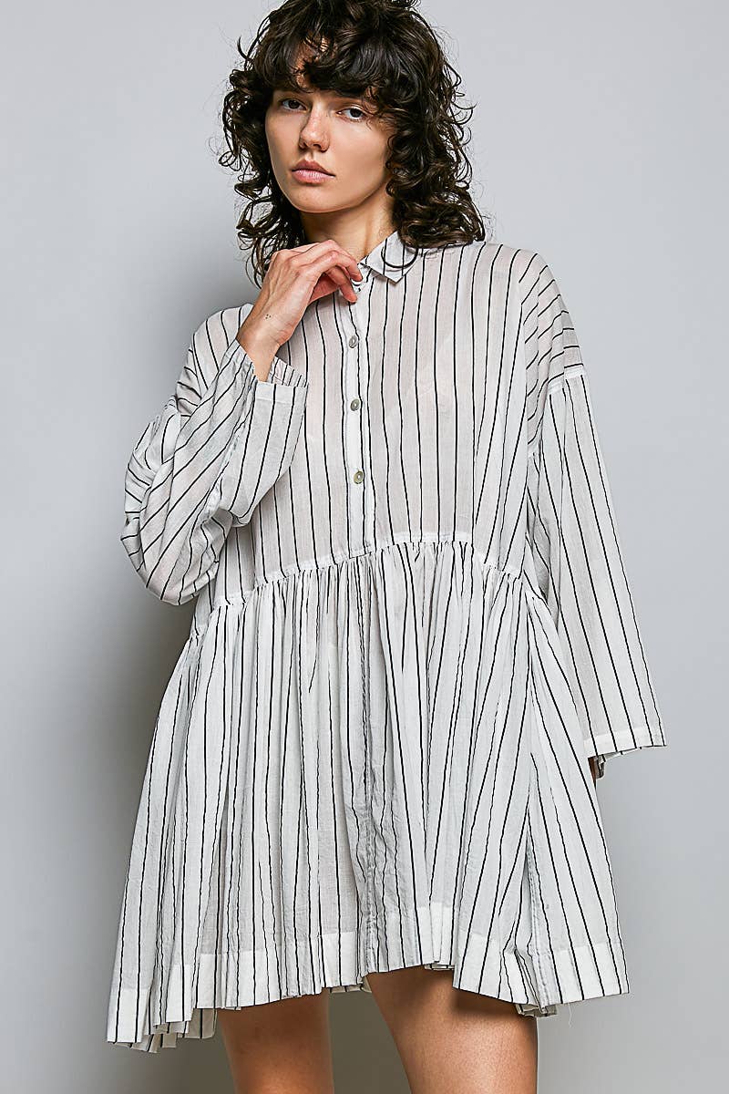 Striped Long Sleeve Collard Shirt Woven Dress : RED STRIPE / S