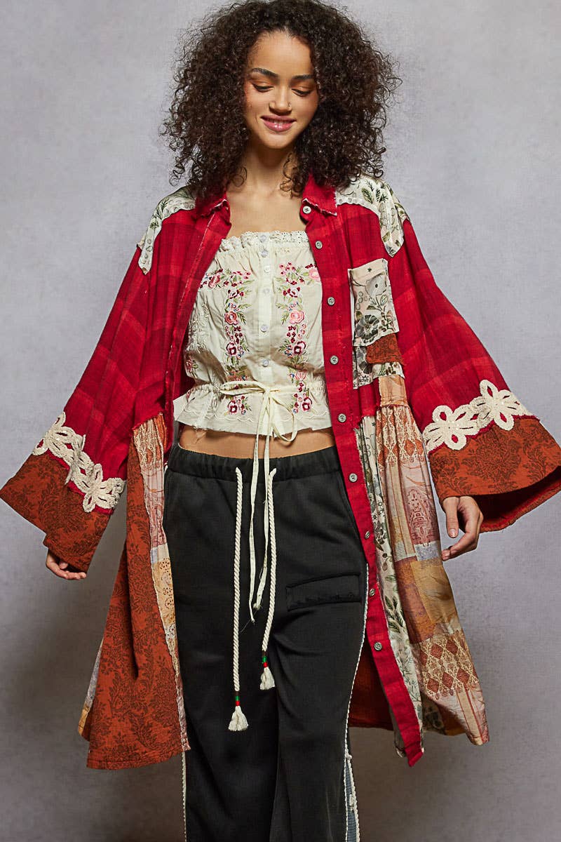 Long sleeve spangle crochet trim plaid knee length shirt top: RED MULTI / S