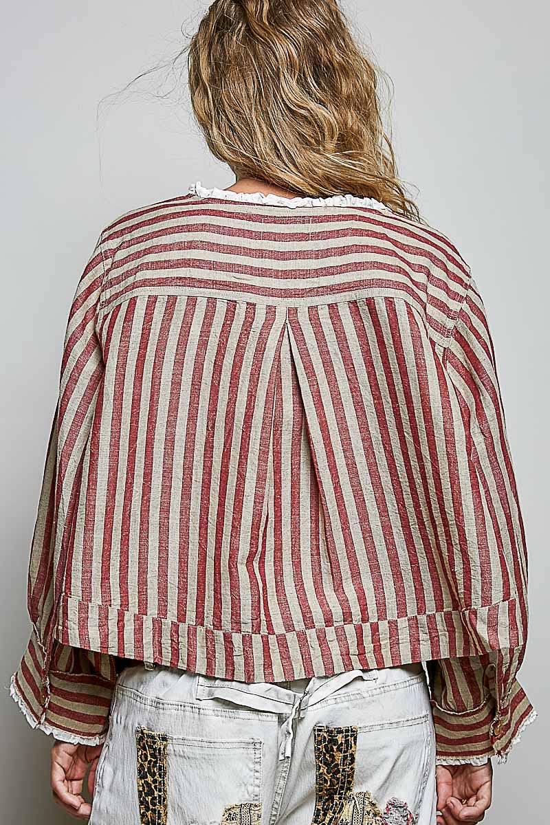 Ruffle Striped Pattern Wood Button Down Cotton Jacket Top: RED MULTI / L