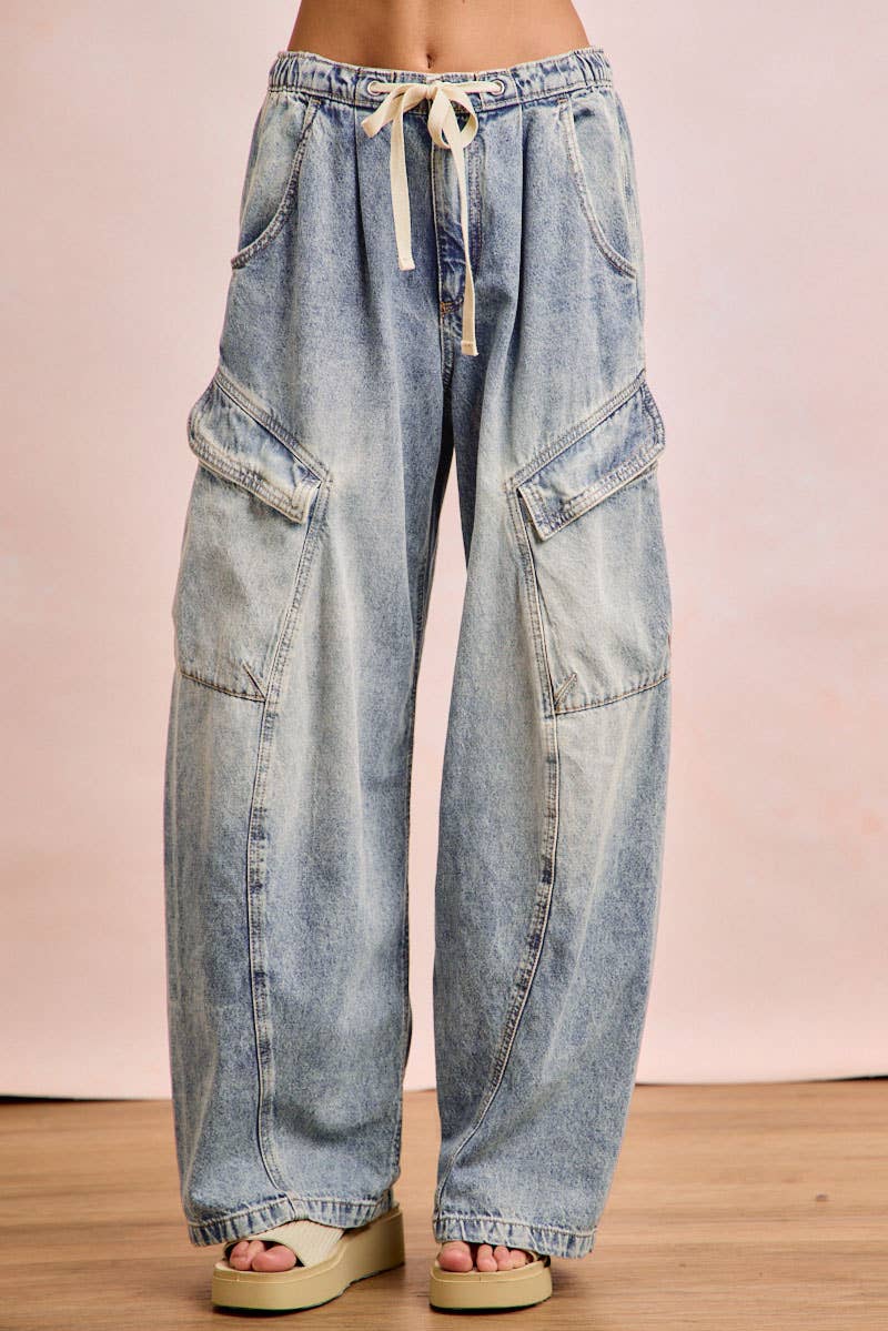BAGGY BARREL DENIM PANTS WITH CARGO POCKETS: DENIM