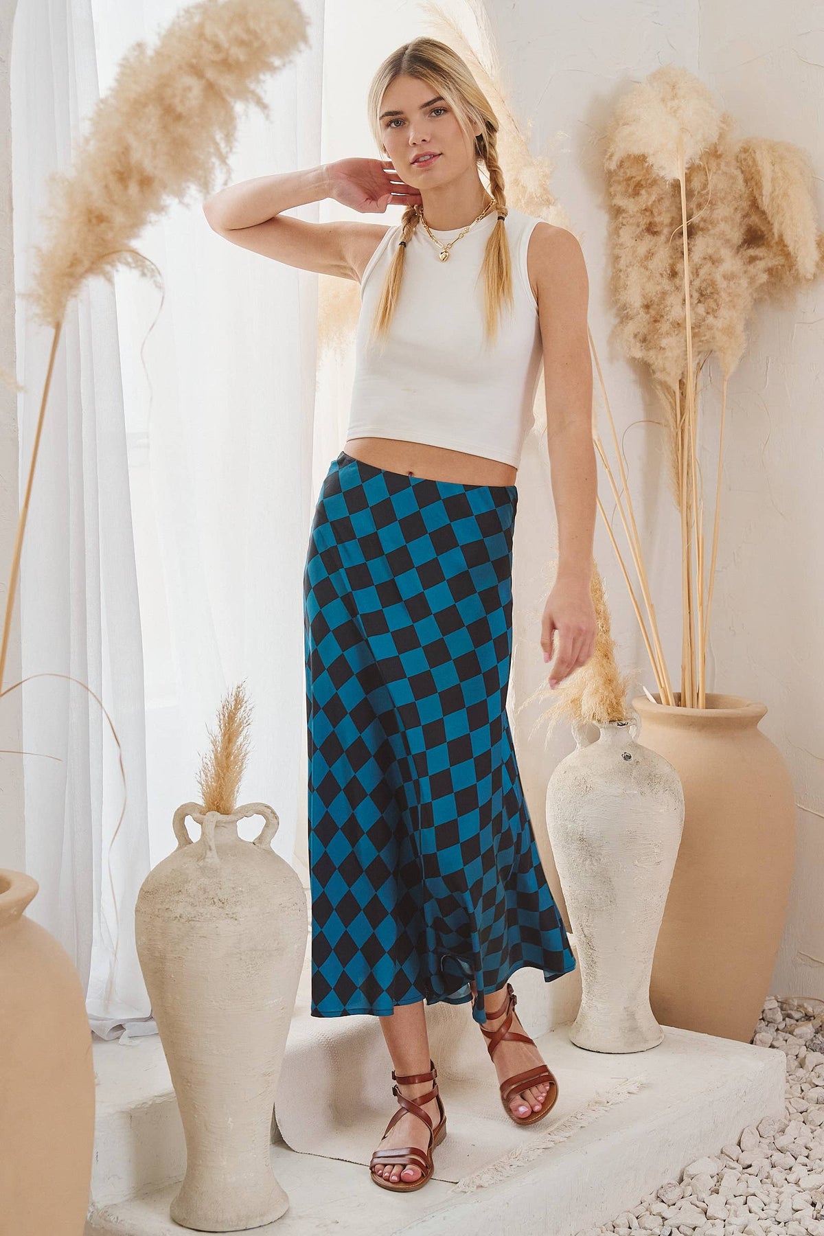 CHECKERED PRINT MIDI SKIRT: TEAL