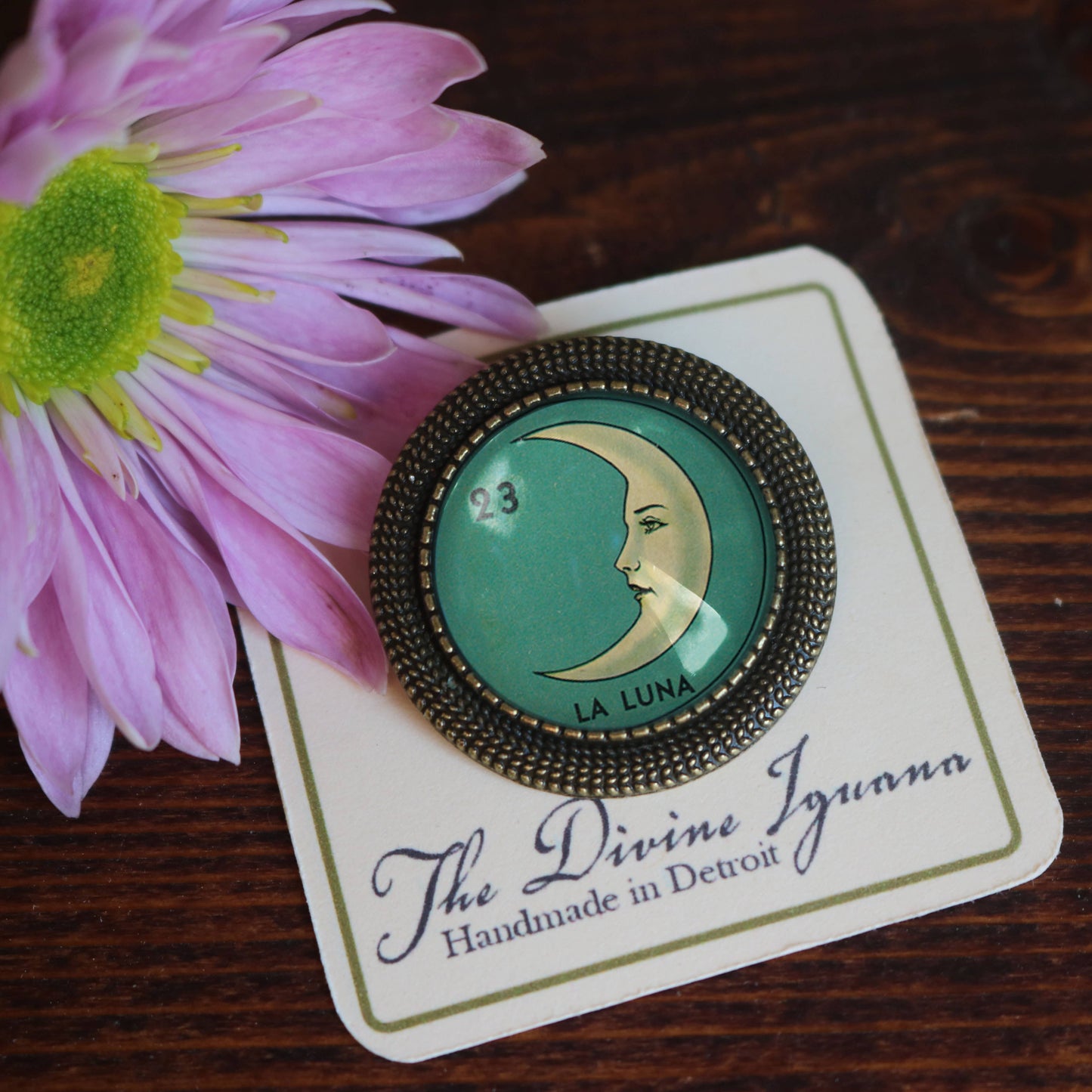 Loteria La Luna Crescent Moon Glass Cabochon Brooch