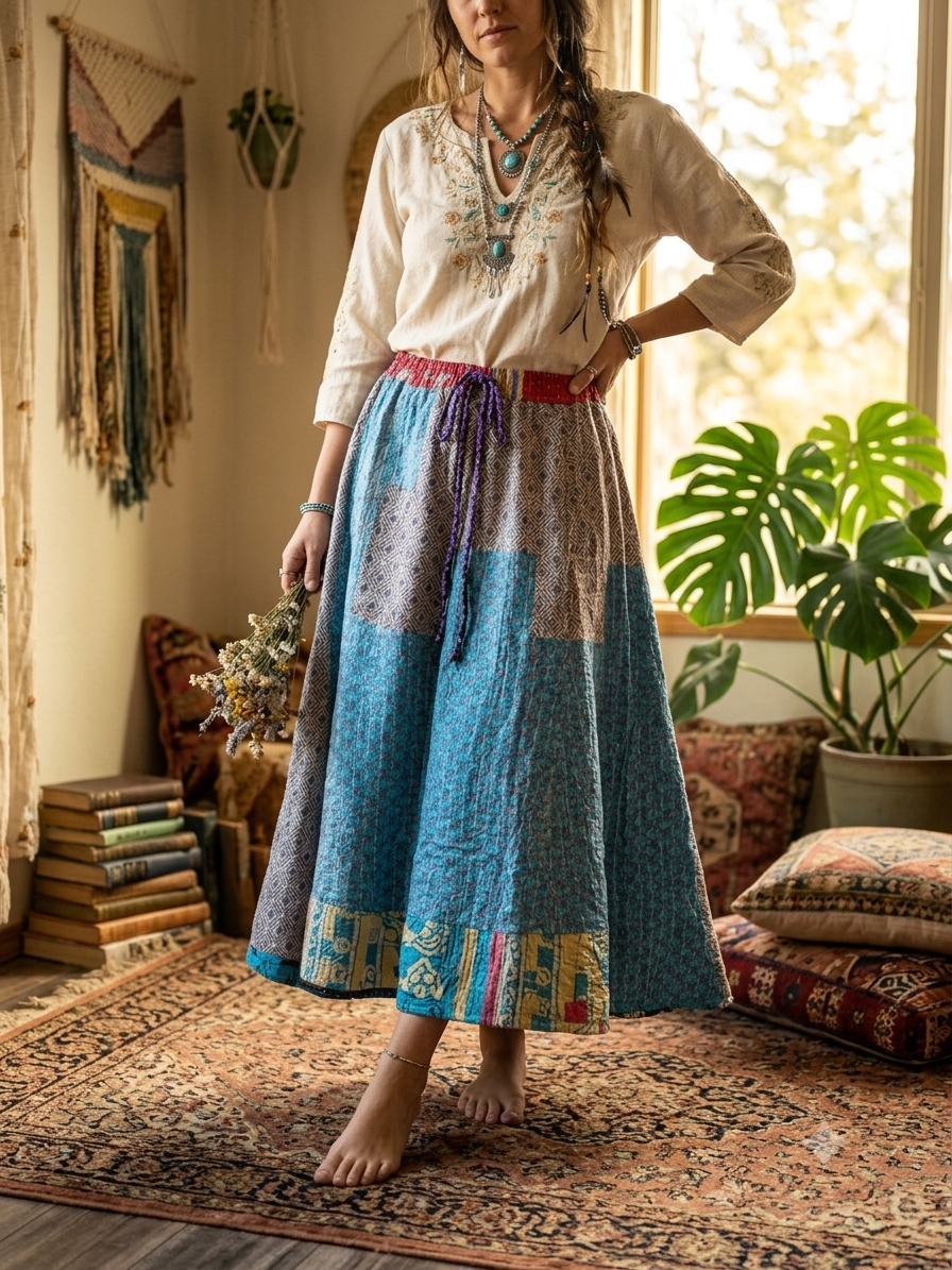 Celia Women Vintage Kantha Quilt Cotton Reversible Skirt One Size Fits Size 4-16