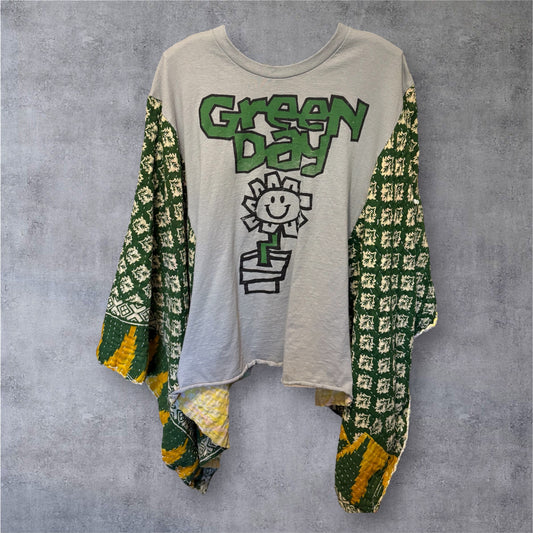 Green Day Upcycled Vintage Kantha Poncho Tee One Size Fits a Large to 3X