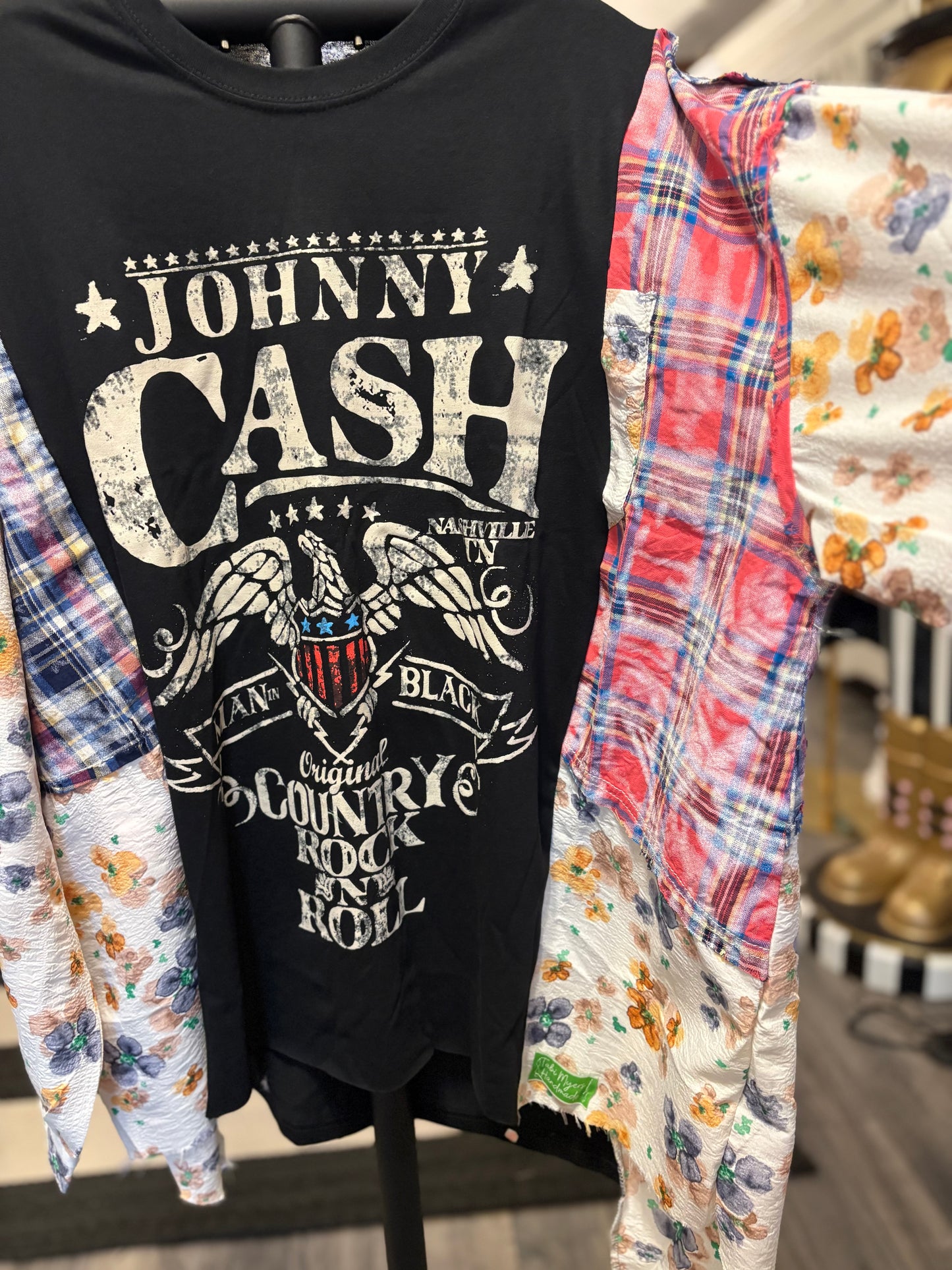 Man in Black Upcycled Frayed Patchwork Tee One Size Fits A Large to 3X Oversized